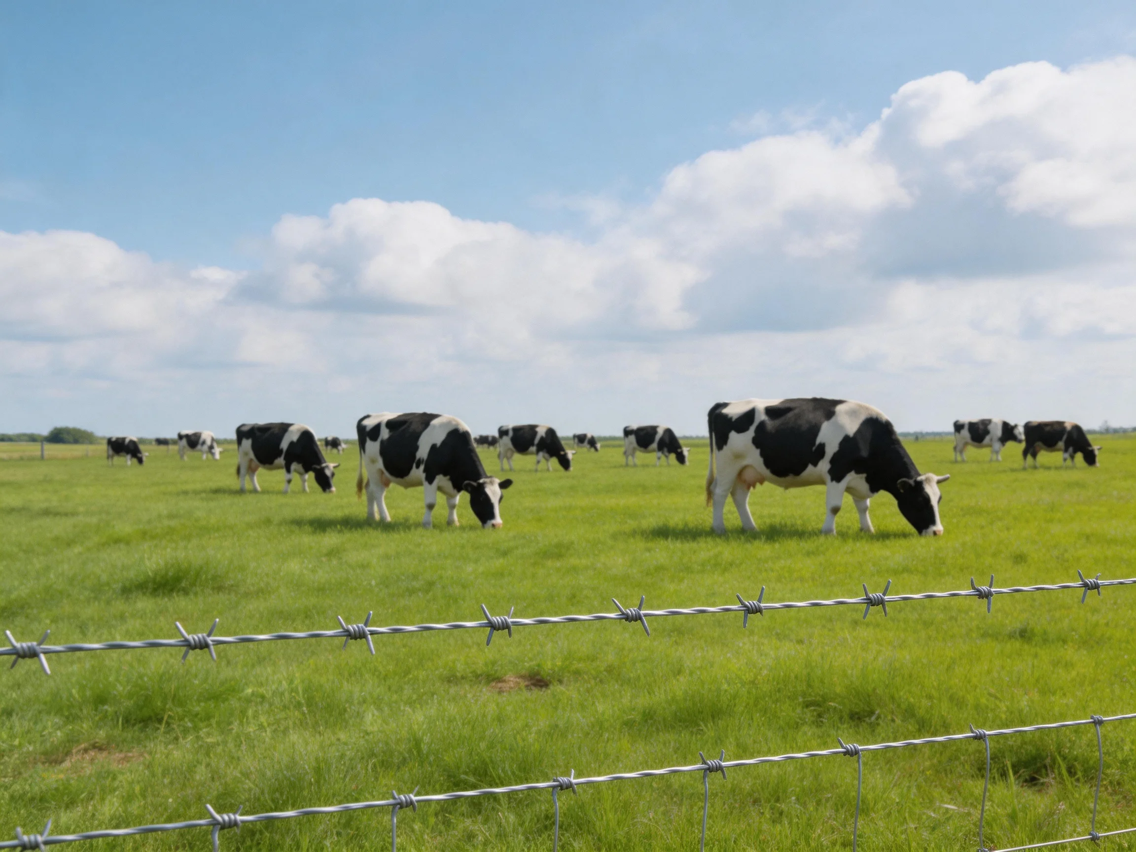 A group of black-and-white cows grazing in a lush green pasture