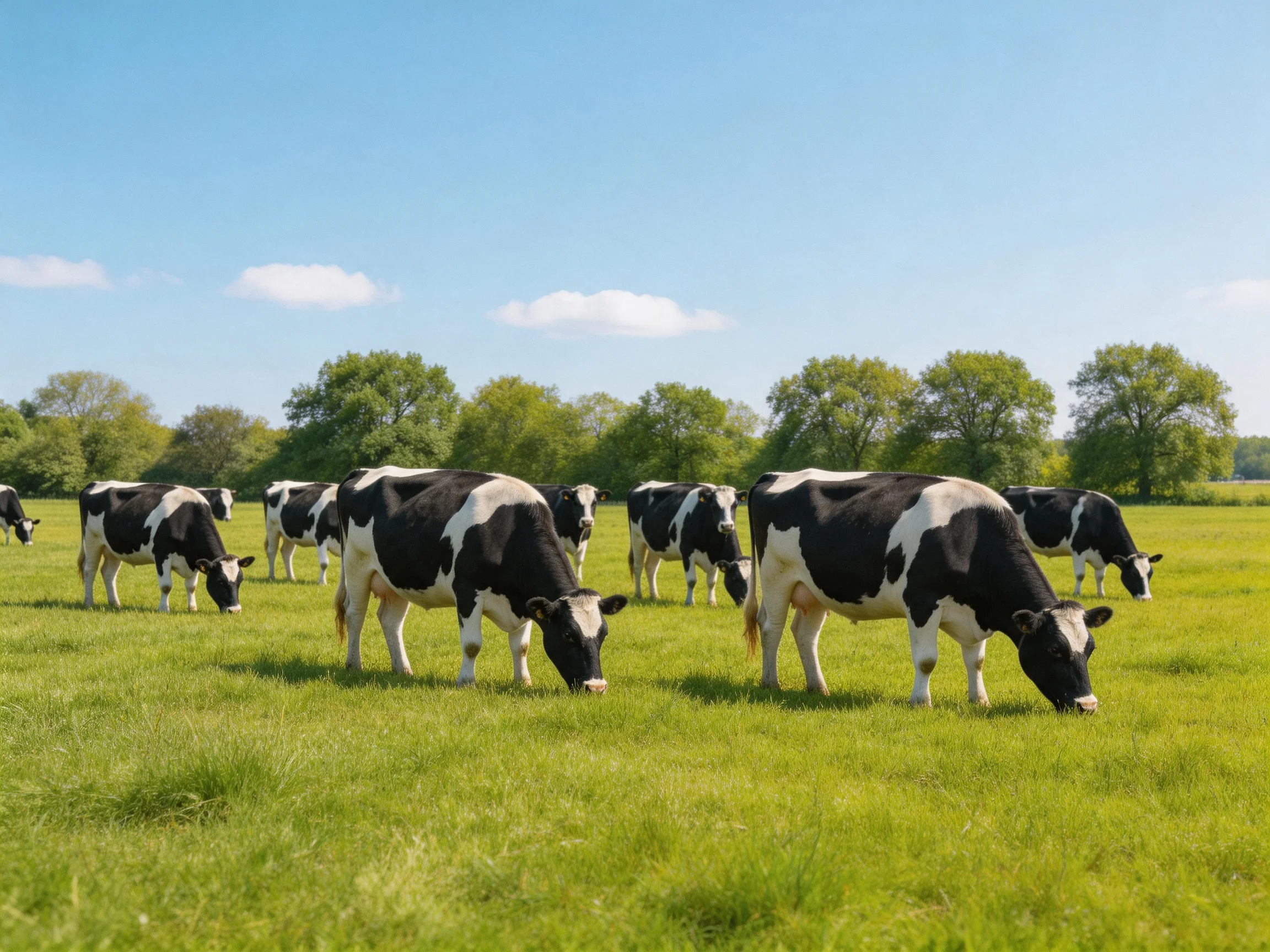 A group of black-and-white cows grazing in a lush green pasture