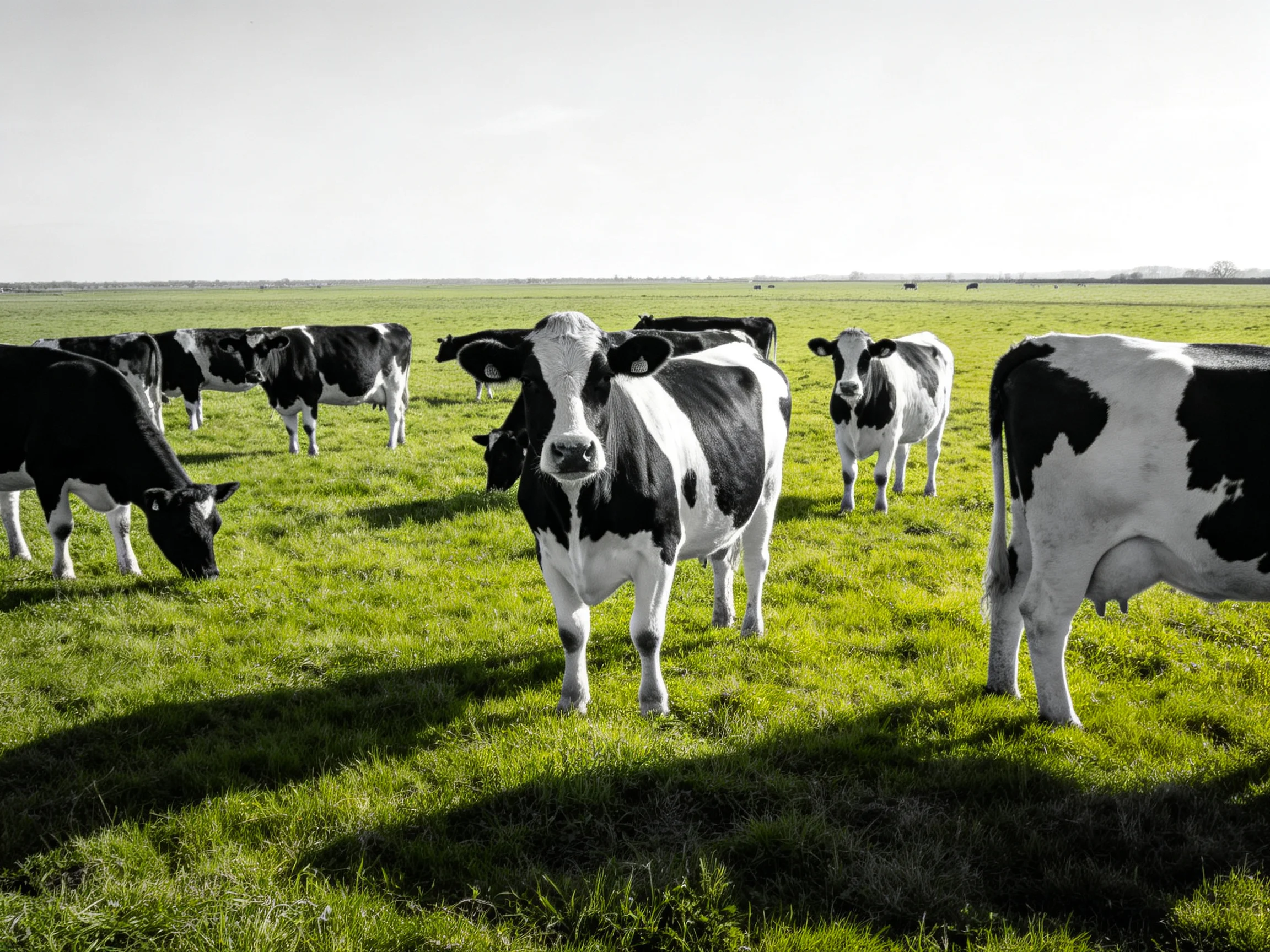 A group of black-and-white cows grazing in a lush green pasture