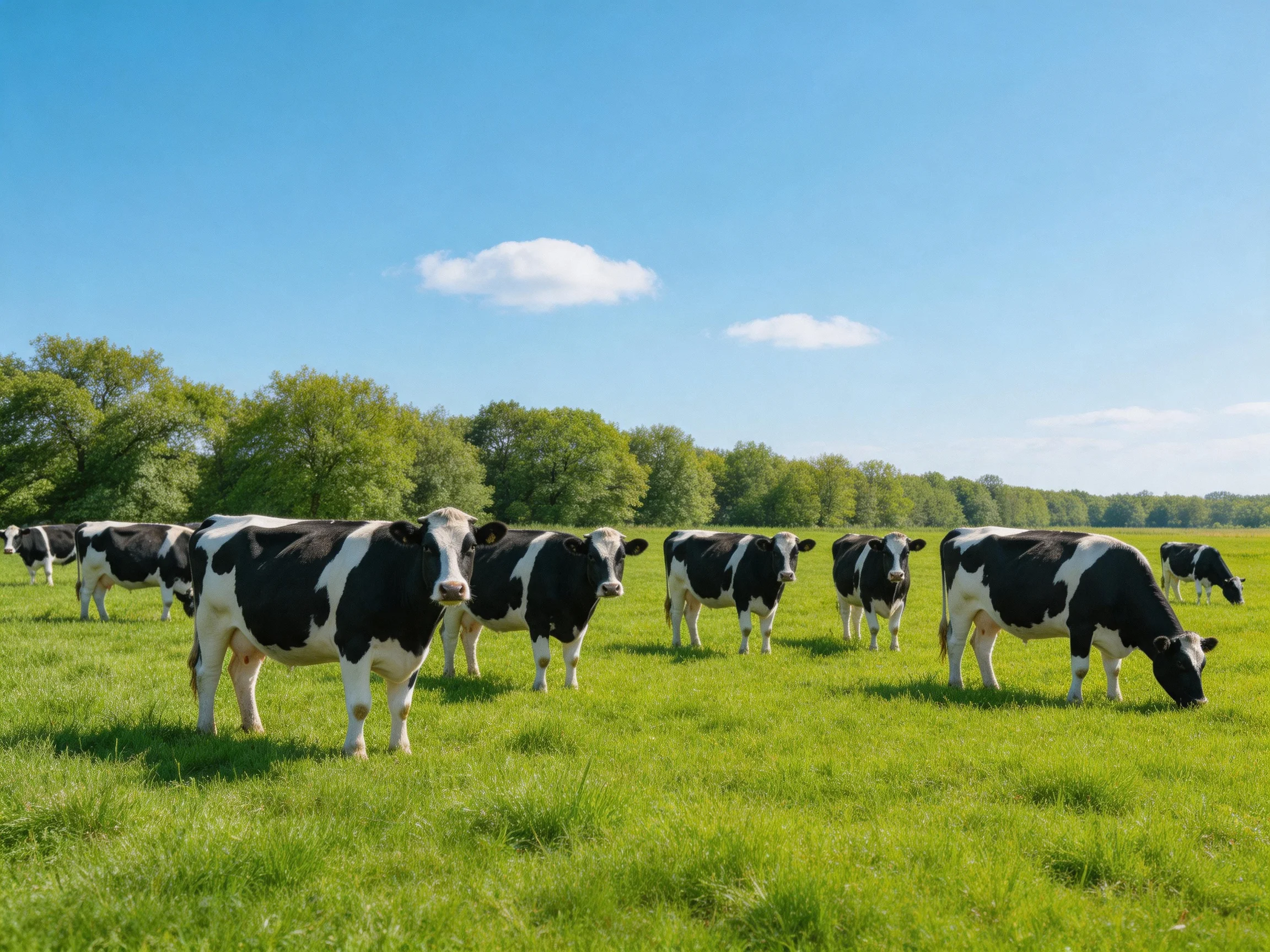 A group of black-and-white cows grazing in a lush green pasture