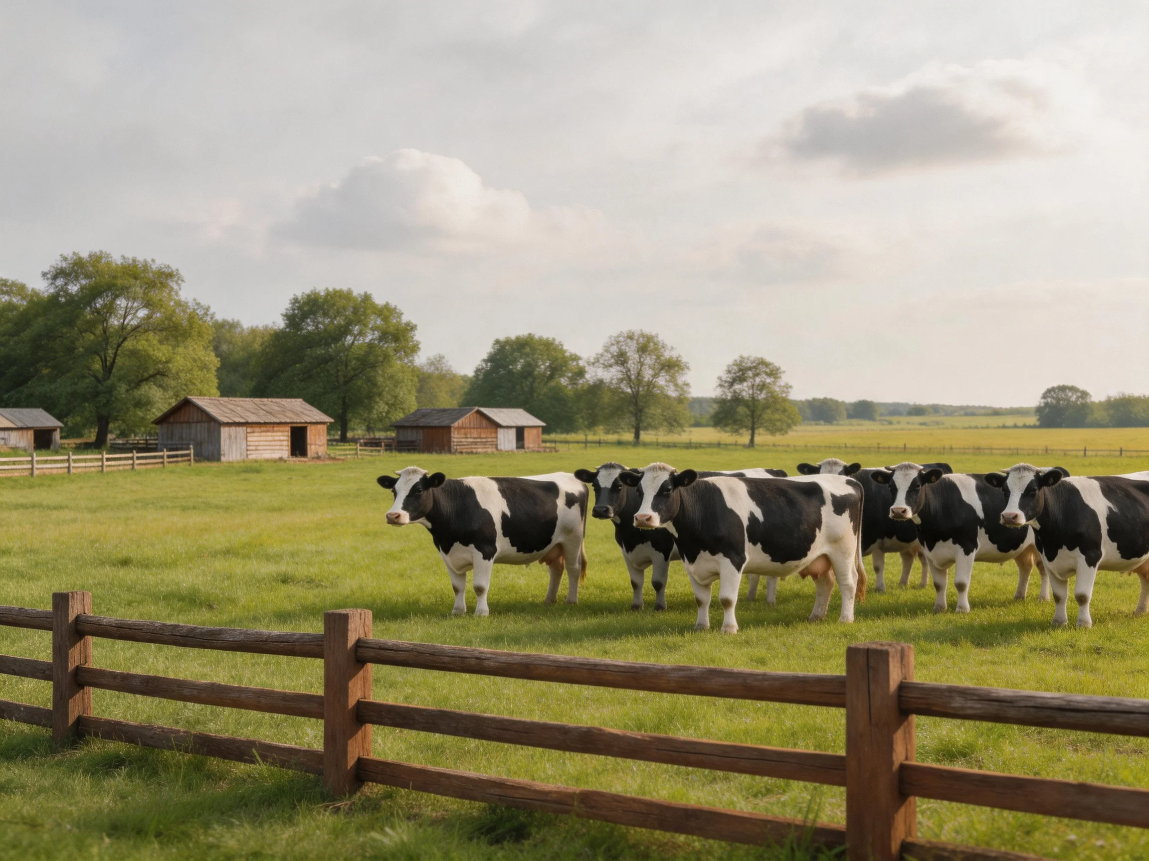 A group of black-and-white cows in a green pasture near wooden farm buildings