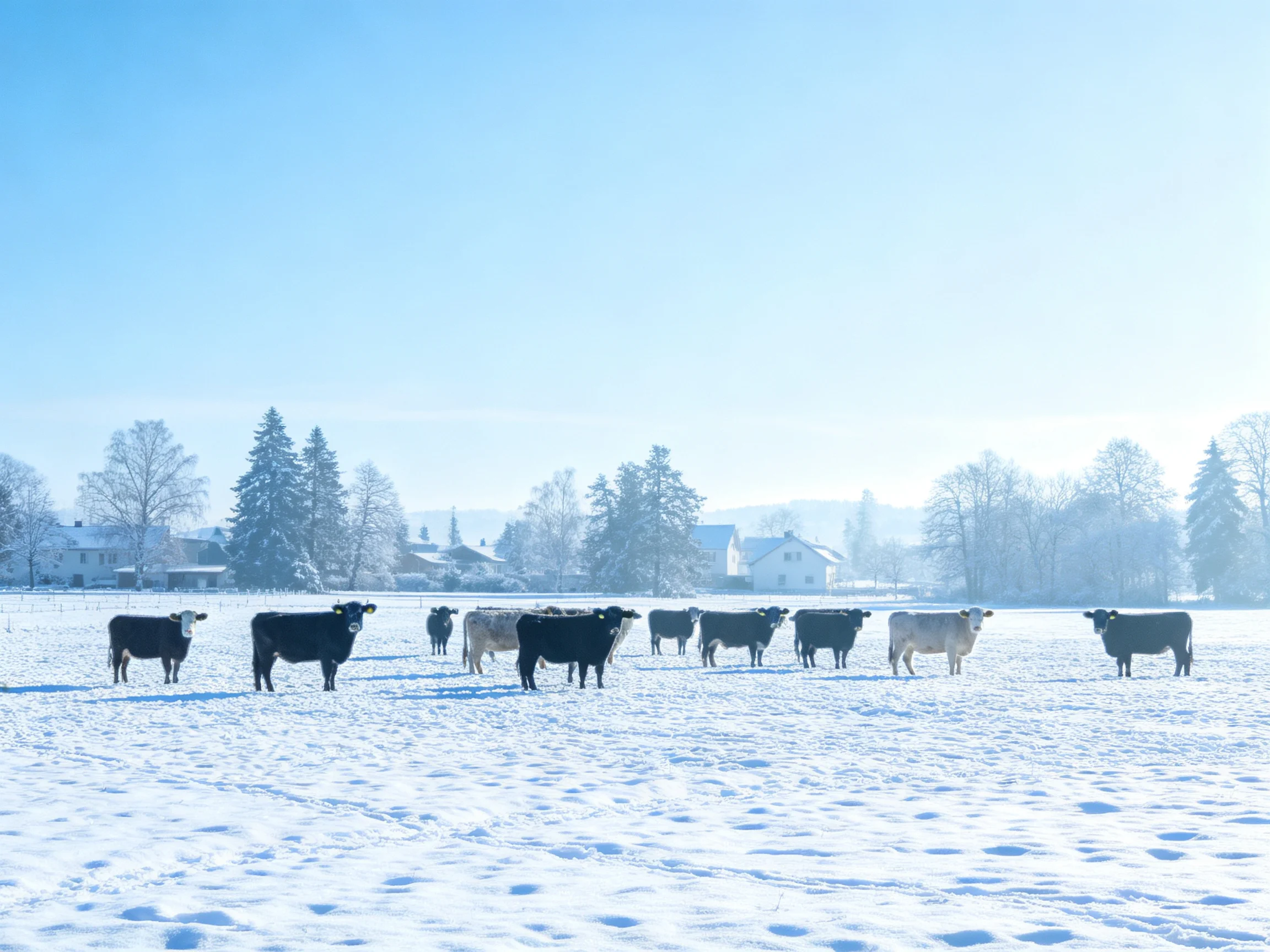 A group of black and white cows in a vast snowy field under clear blue sky