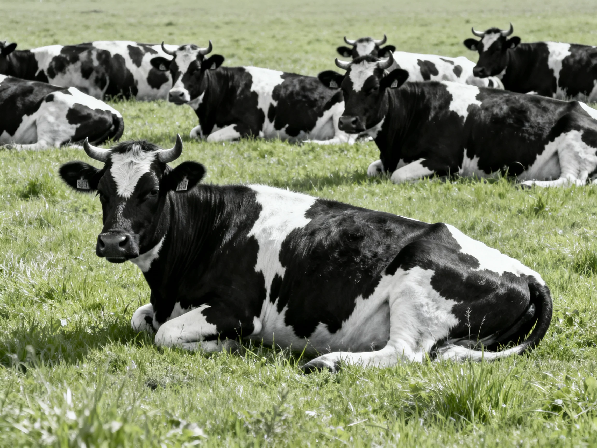 A group of black and white cows resting in a sun-drenched grassy field