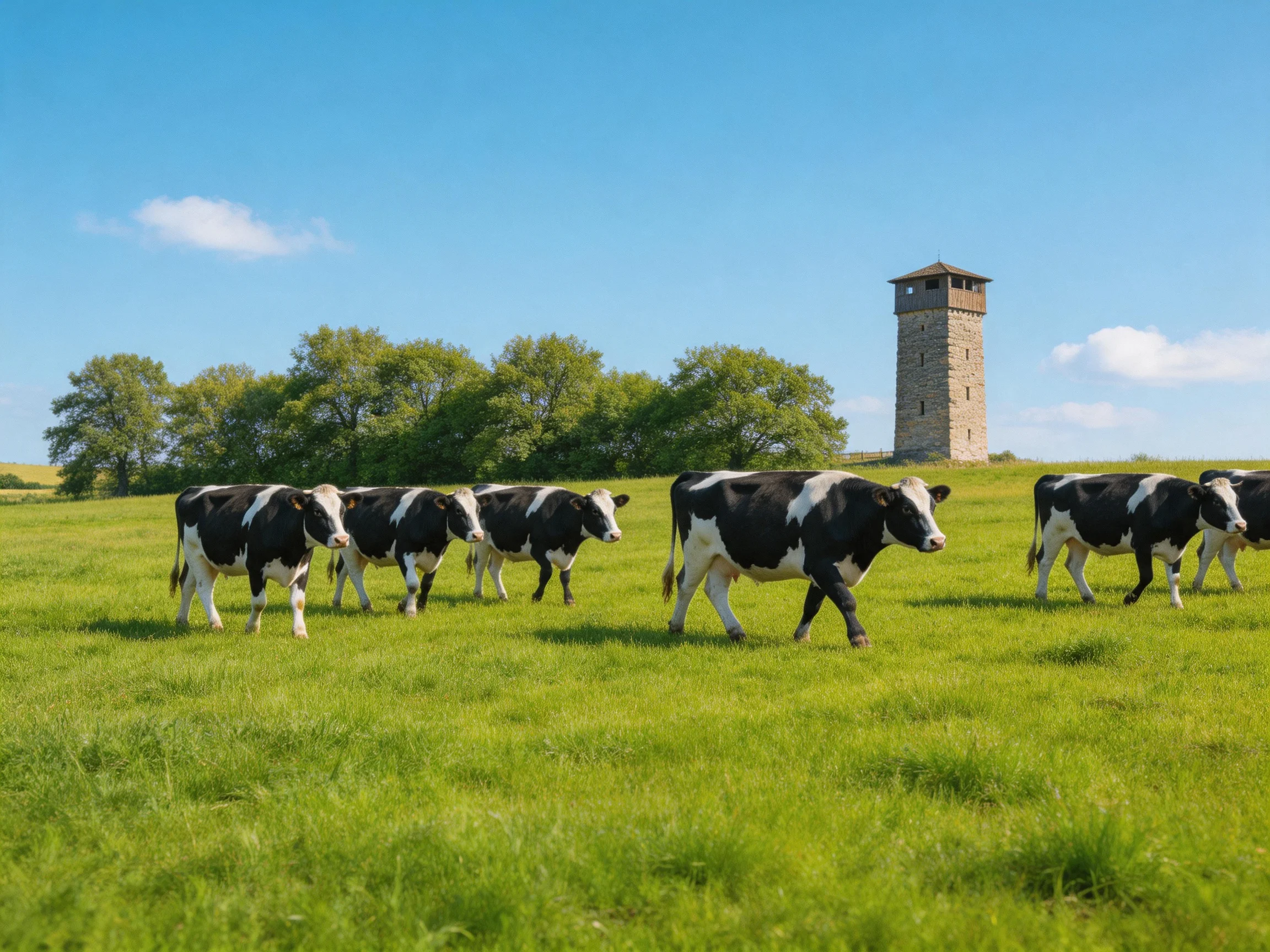 A group of black-and-white cows roams a lush green pasture beside a stone tower