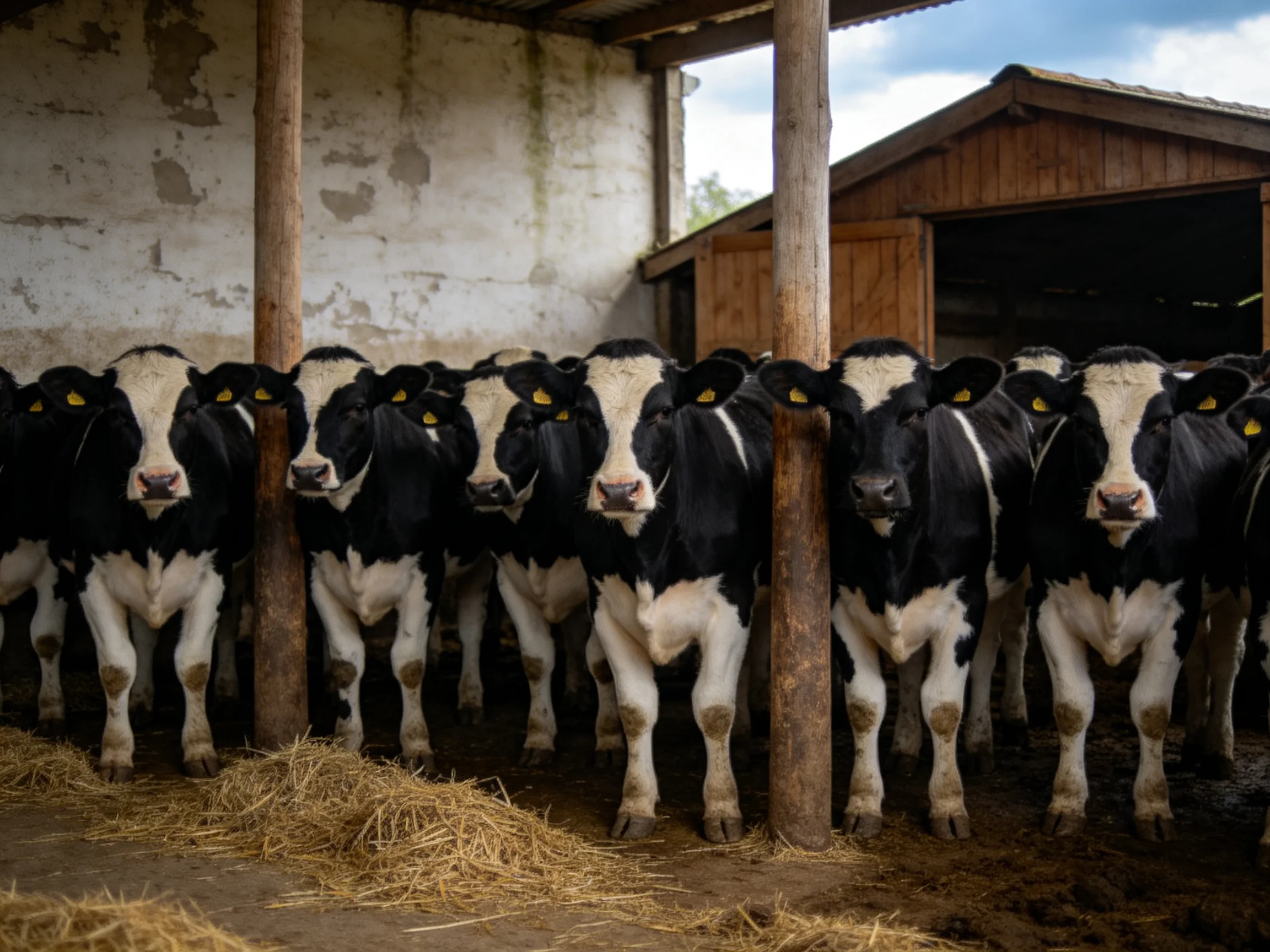 A group of black and white dairy calves in a rustic barn