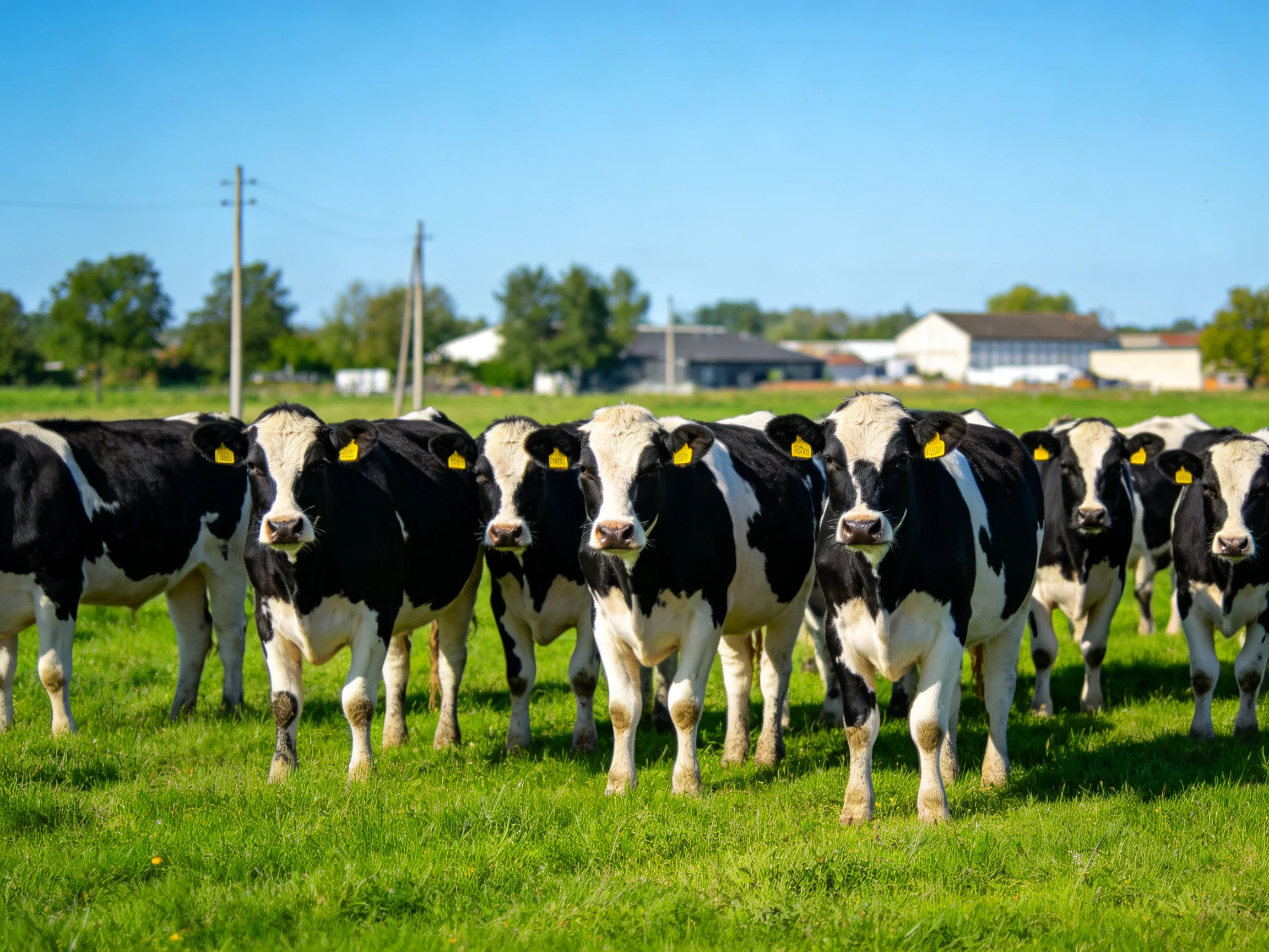 A group of black-and-white dairy cows in a lush green pasture