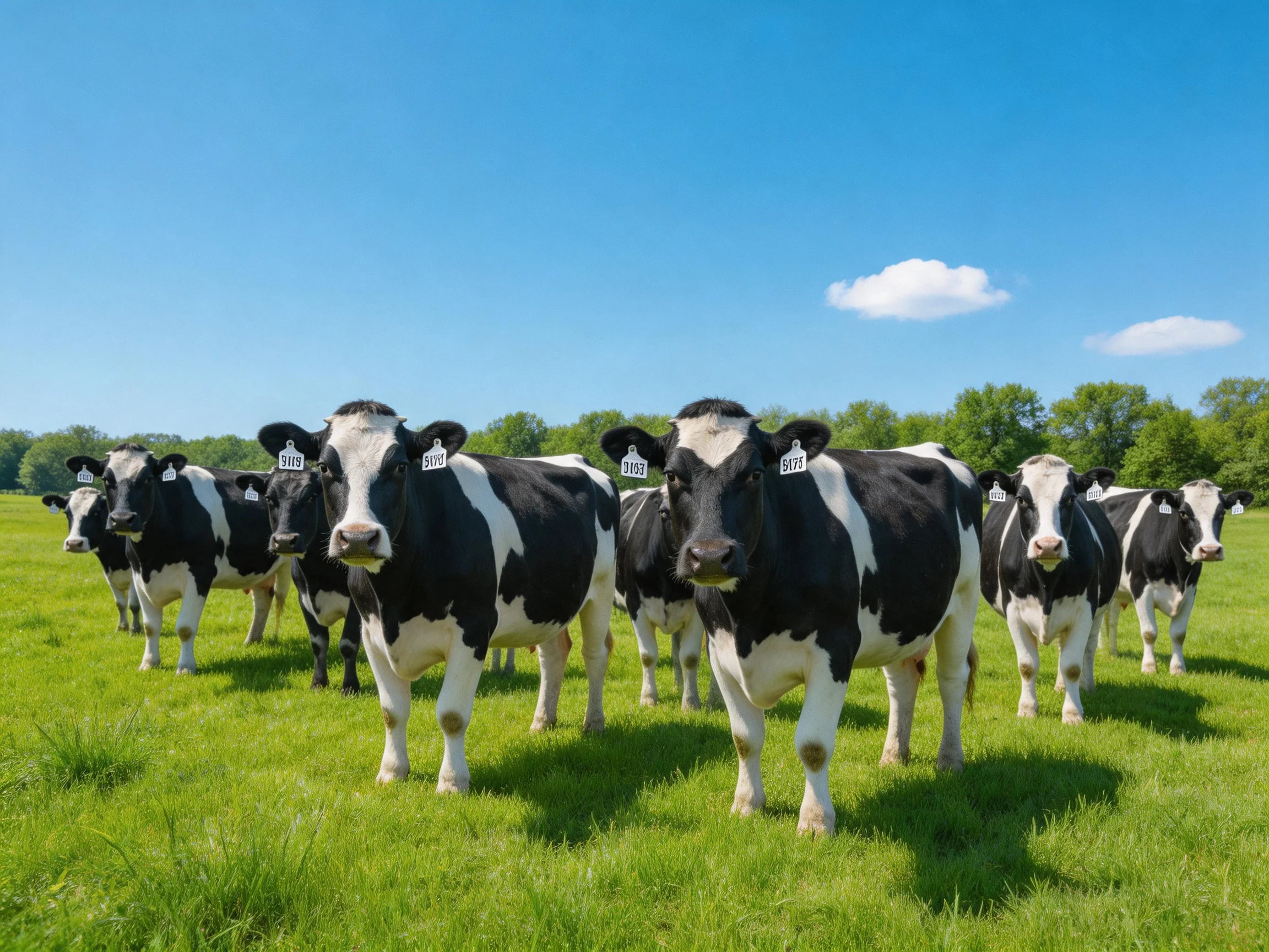 A group of black and white dairy cows in a sunlit green pasture