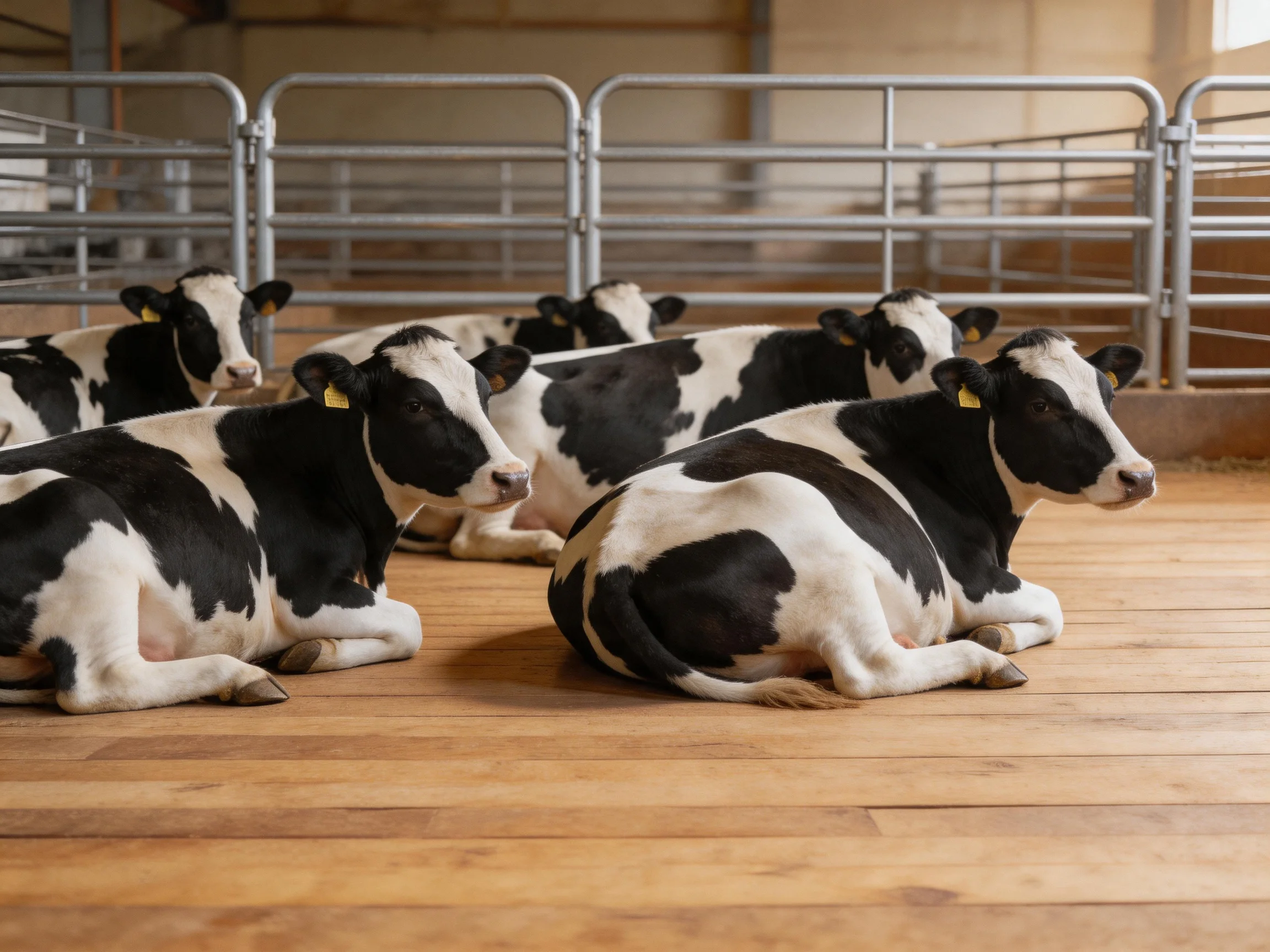 A group of black - and - white dairy cows rests on a wooden floor in a barn with metal partitions