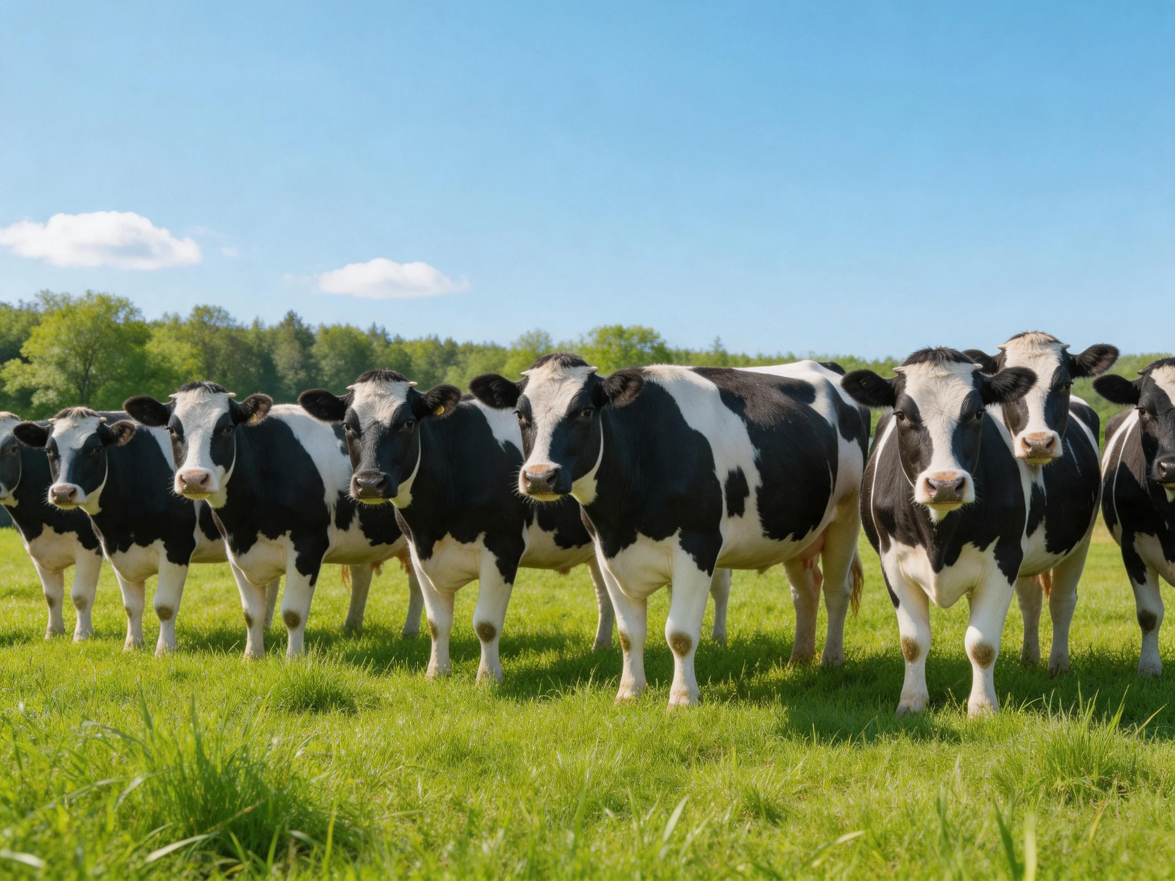 A group of black and white dairy cows standing in a lush green pasture