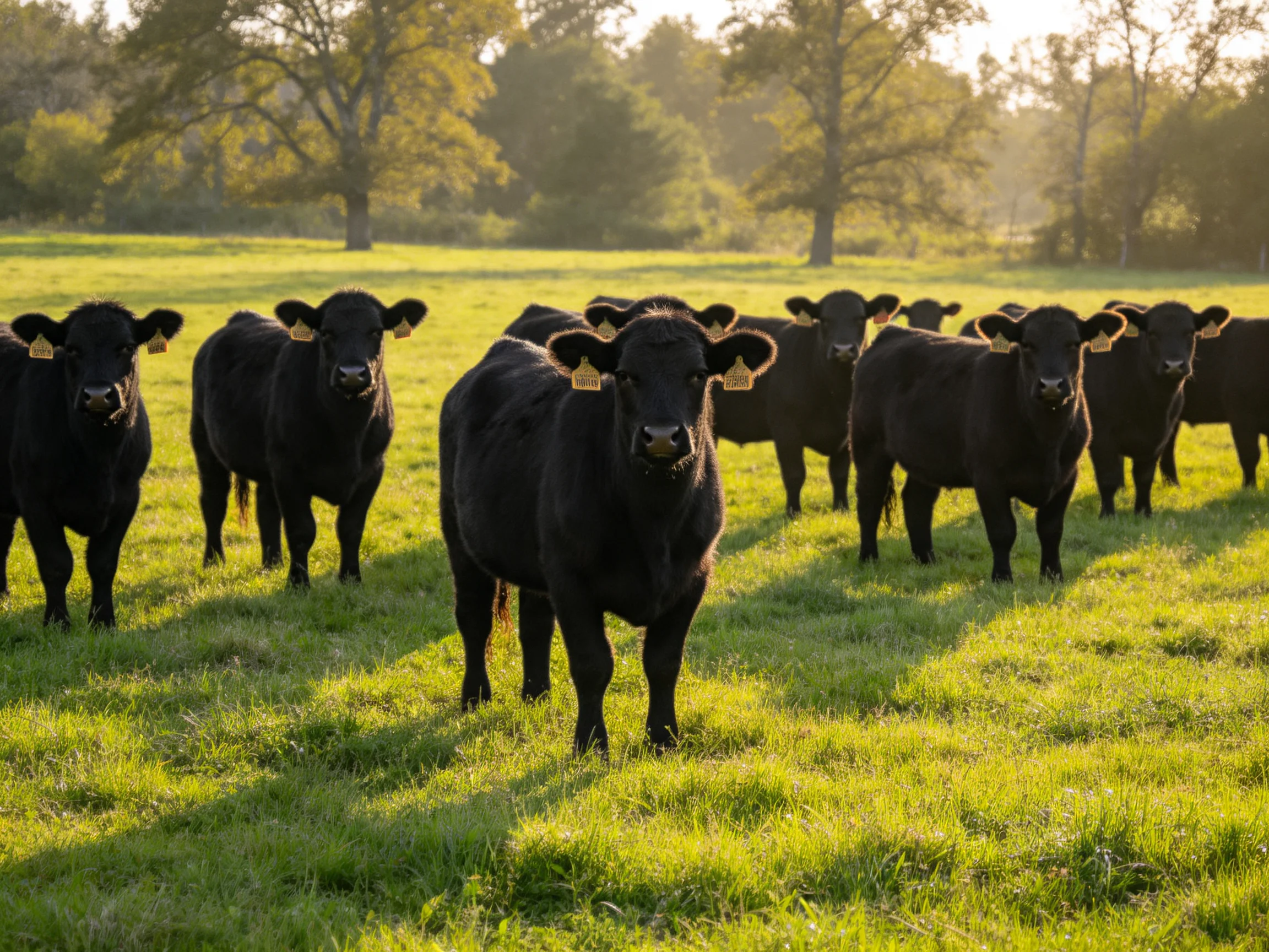 A group of black cattle grazing in a sunlit green pasture