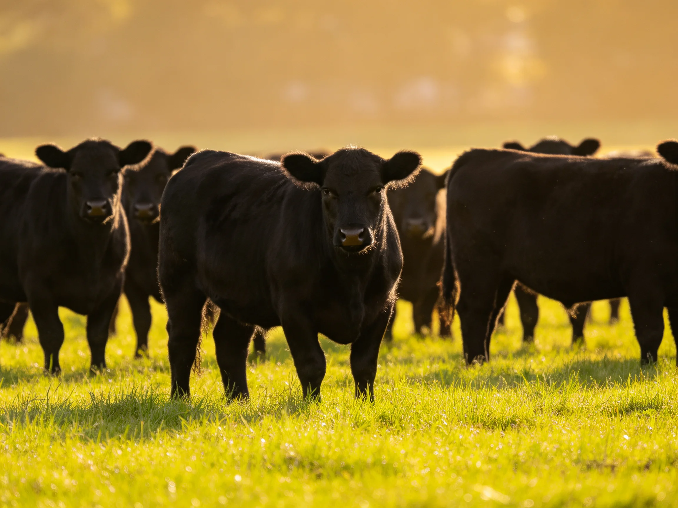 A group of black cattle grazing in a sunlit green pasture