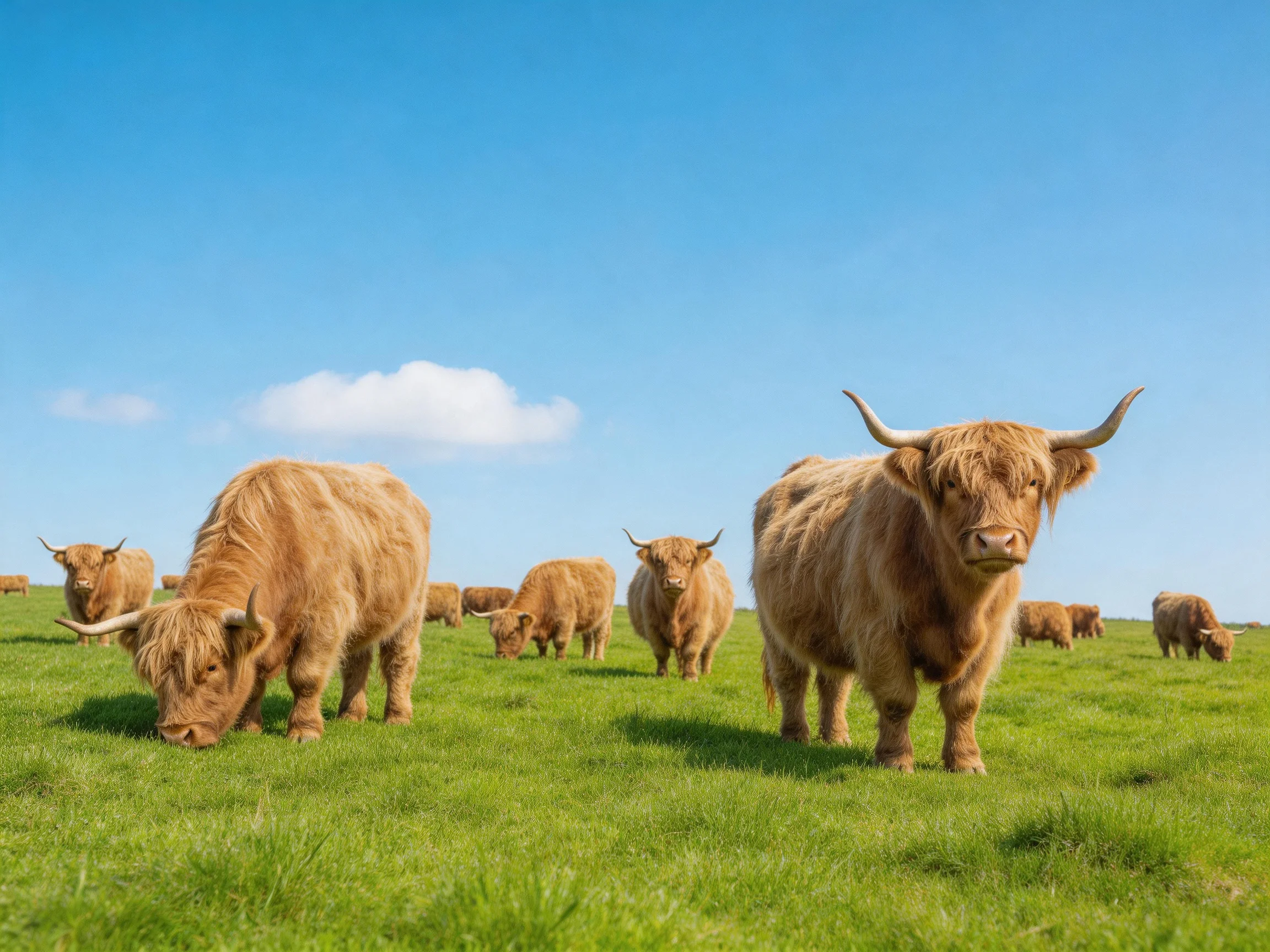 A group of brown Highland cattle graze in a lush green meadow under a clear blue sky