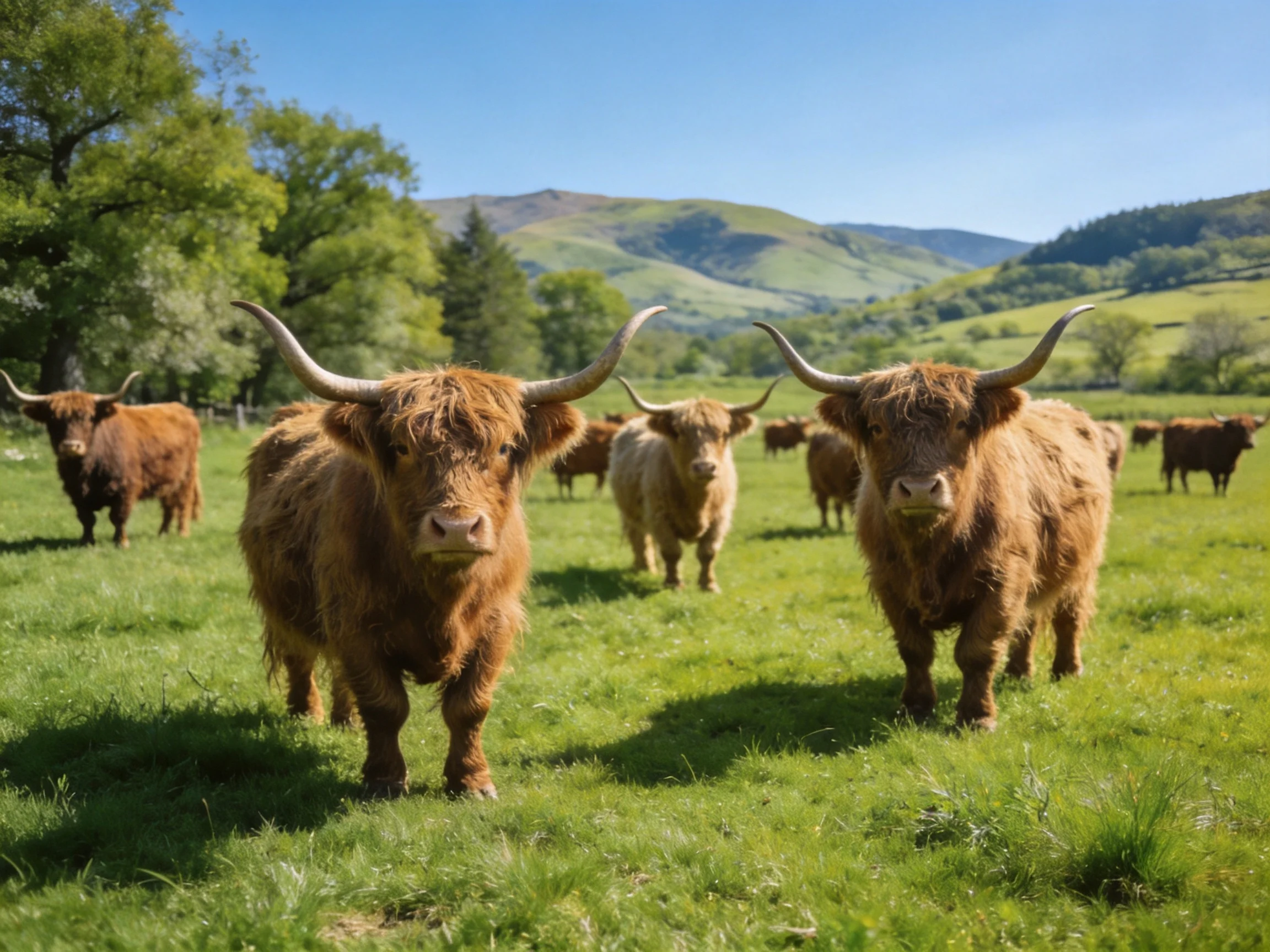 A group of brown Highland cattle grazing in a lush green meadow