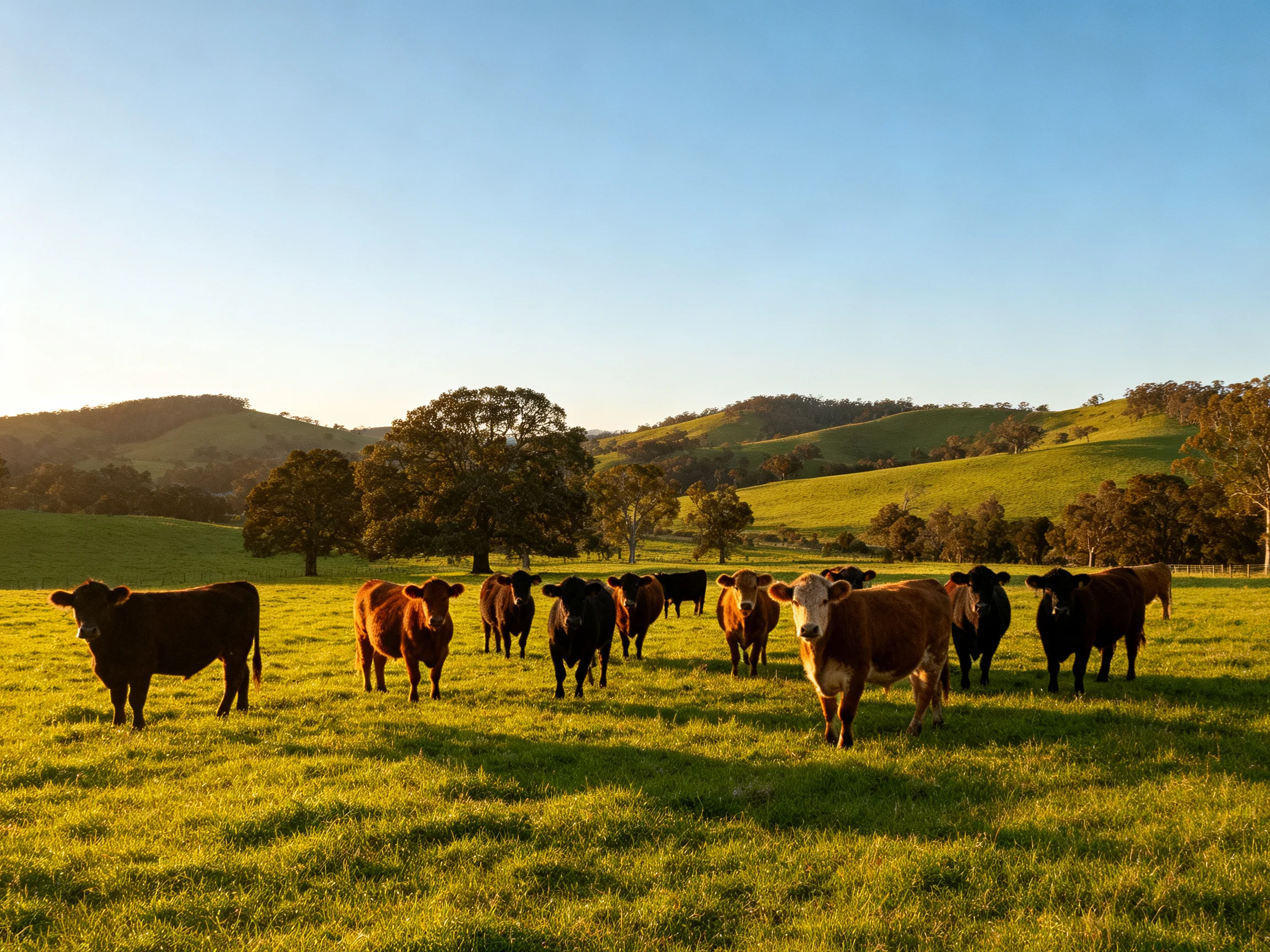 A group of brown and black cattle grazing in a lush green pasture