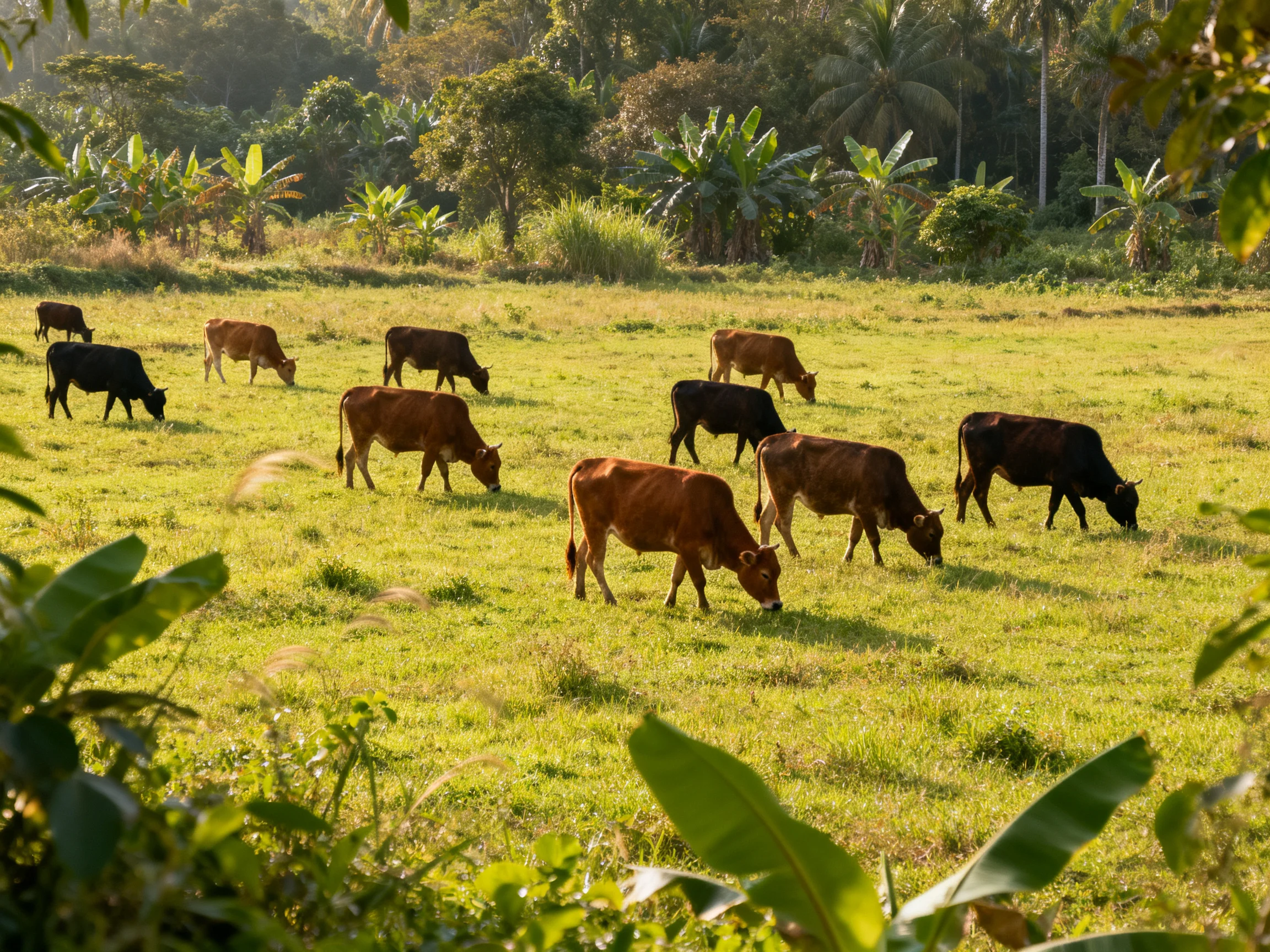 A group of brown and black cattle grazing in a sunlit green pasture