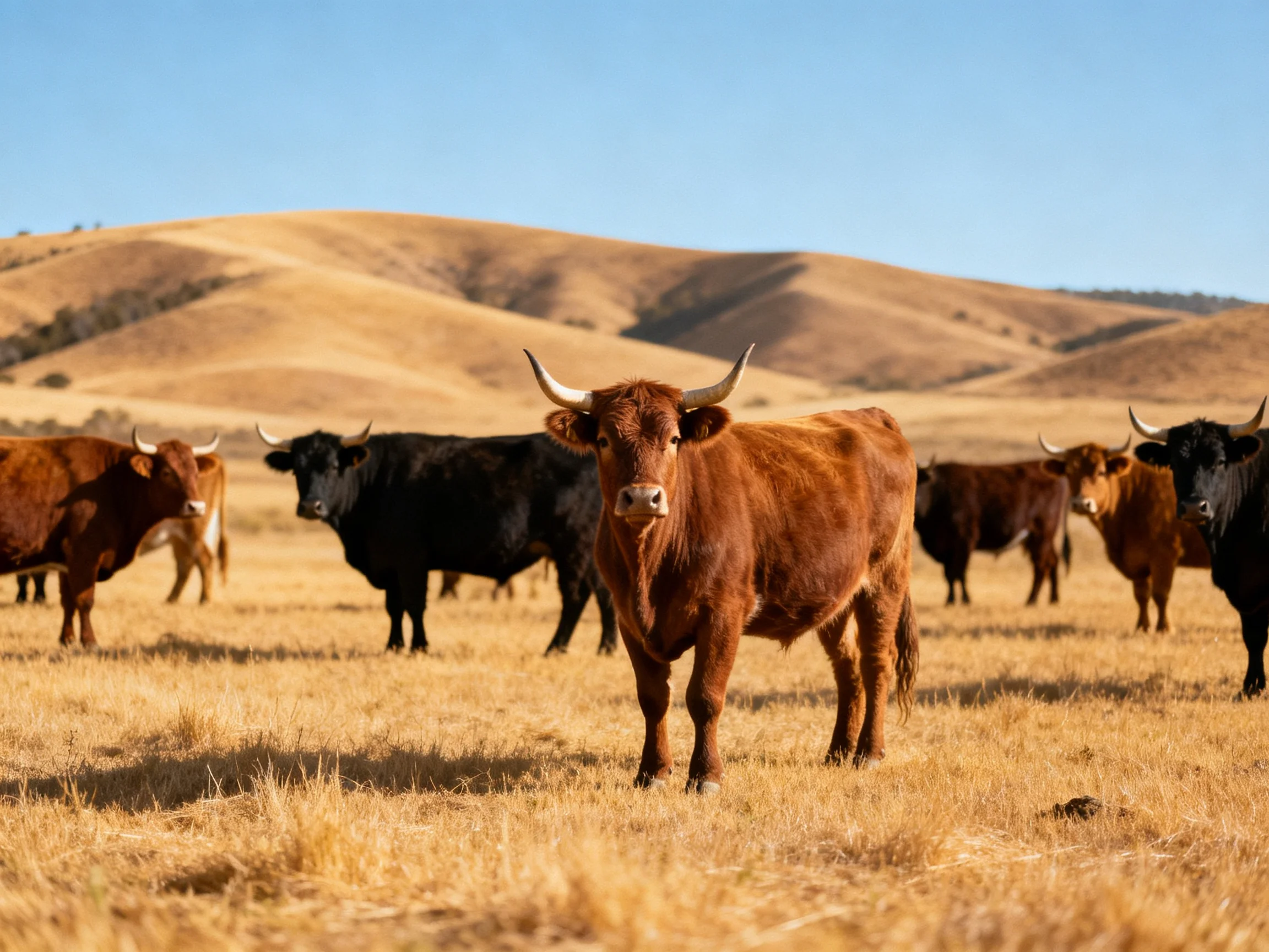 Brown and black cattle graze in a sunlit hilly field with dry grass.