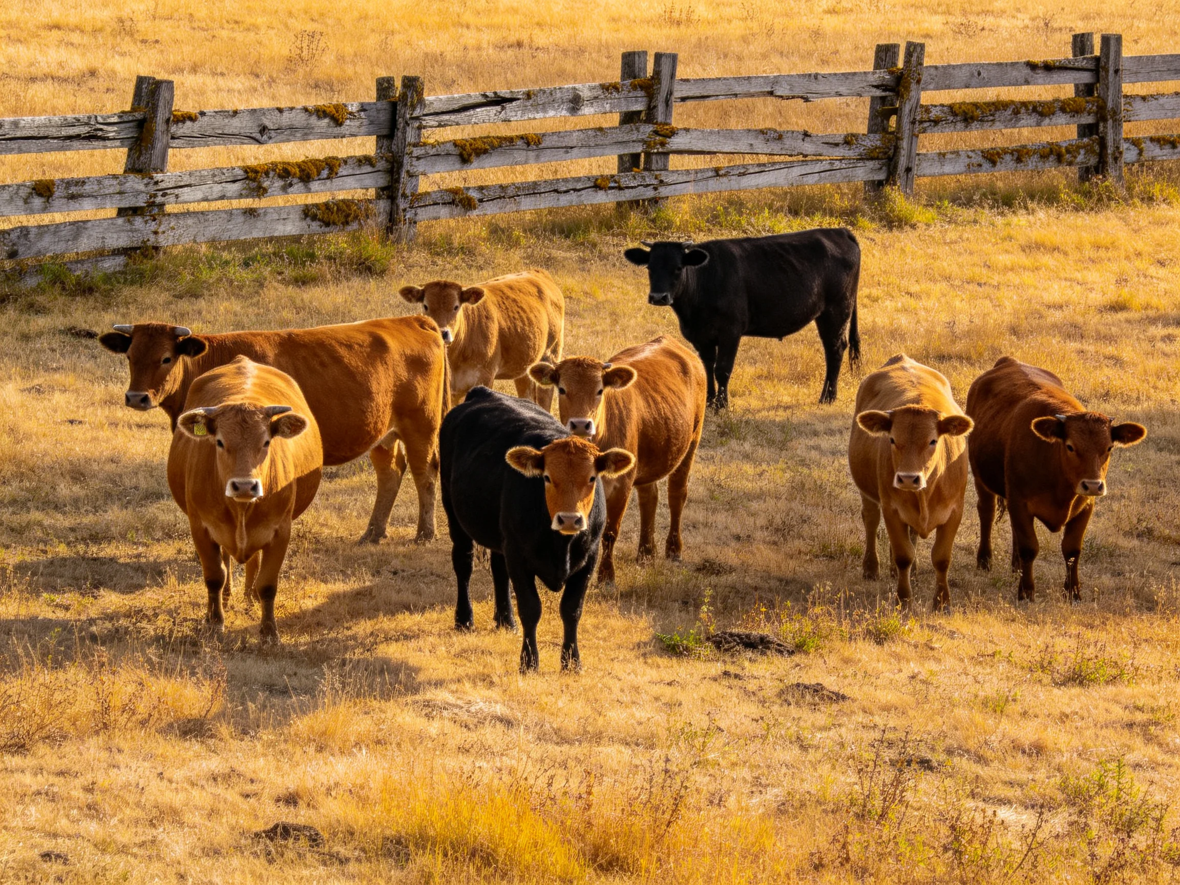 Cattle of brown and black hues gather in a golden field beside an old wooden fence.
