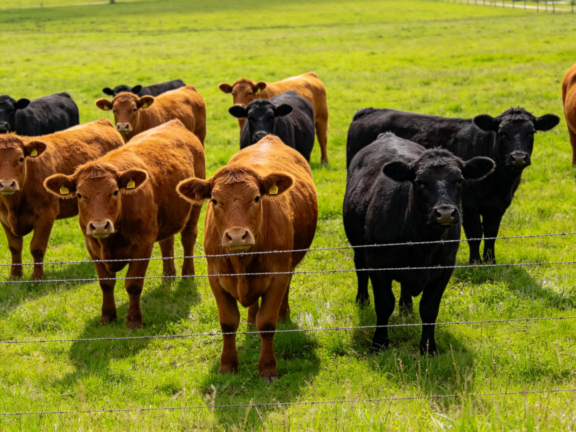 A group of brown and black cattle in a green pasture