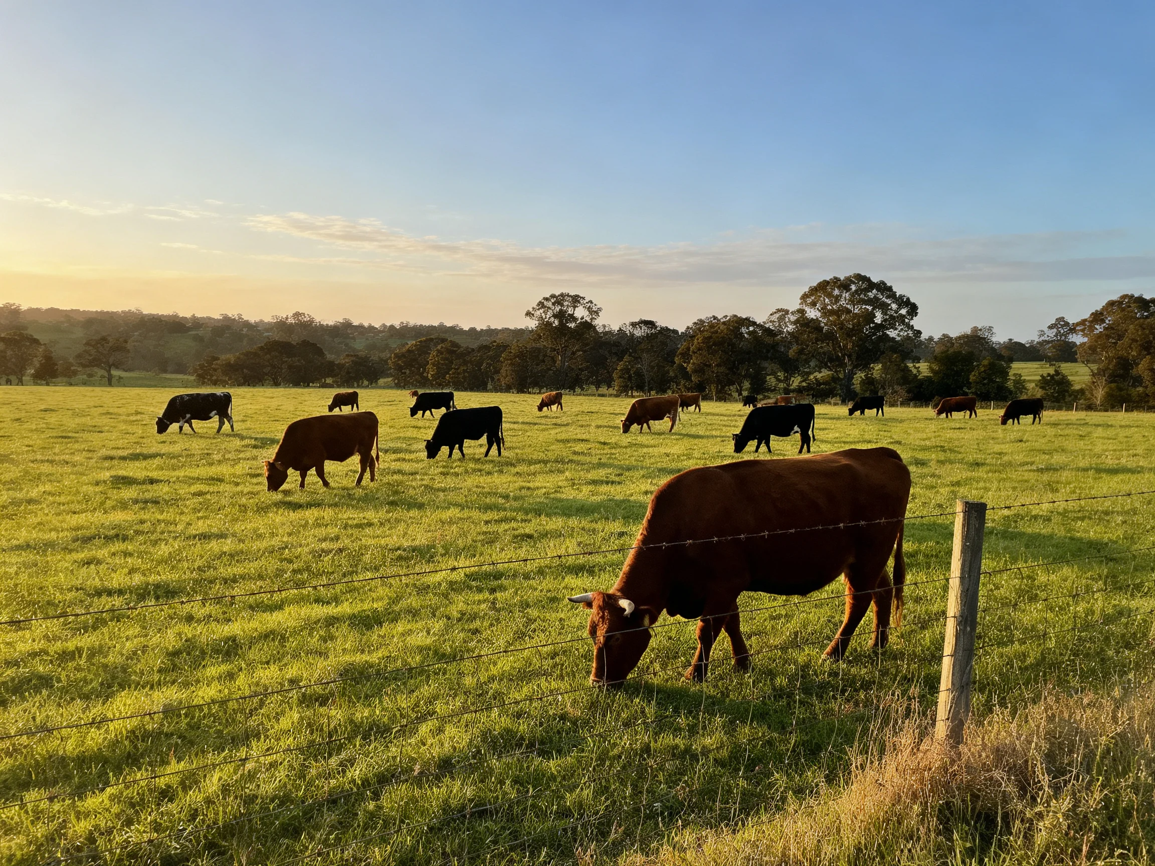 A group of brown and black cows graze in a lush green pasture