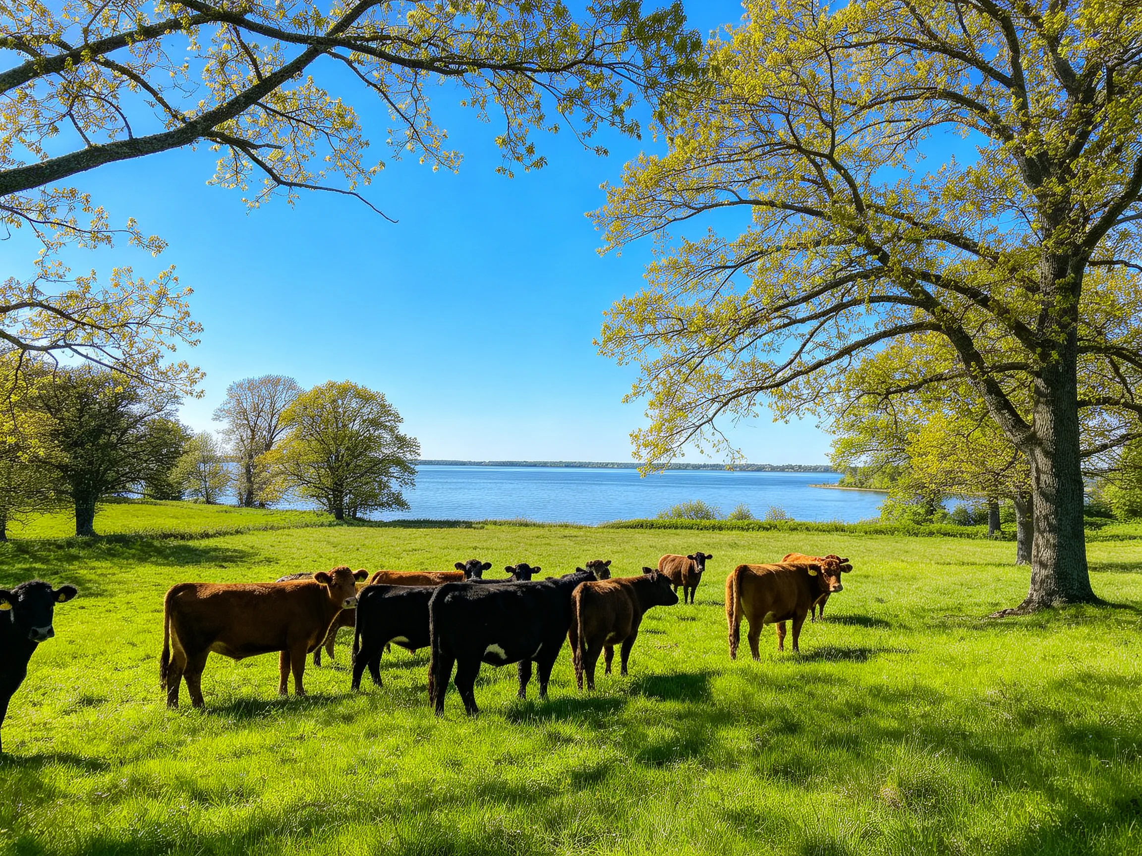 A group of brown and black cows graze near a calm blue lake