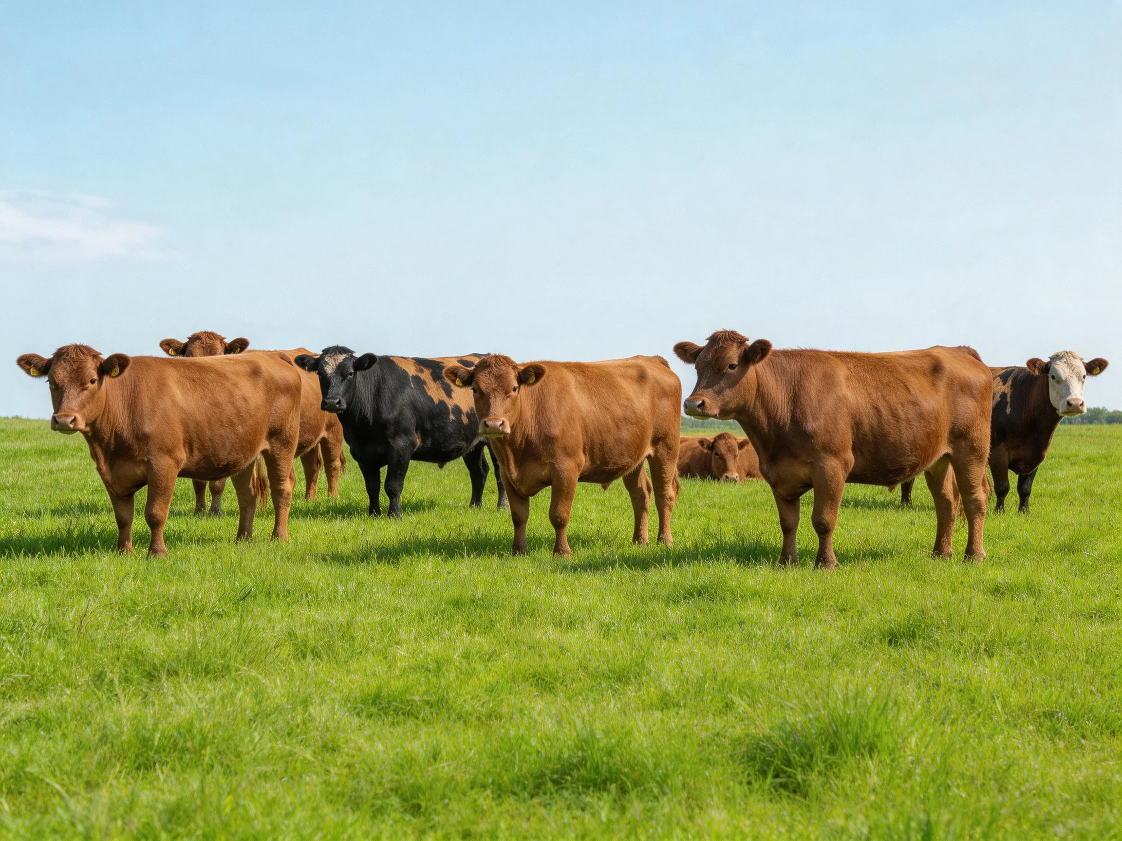 A group of brown and black cows grazing in a lush green pasture