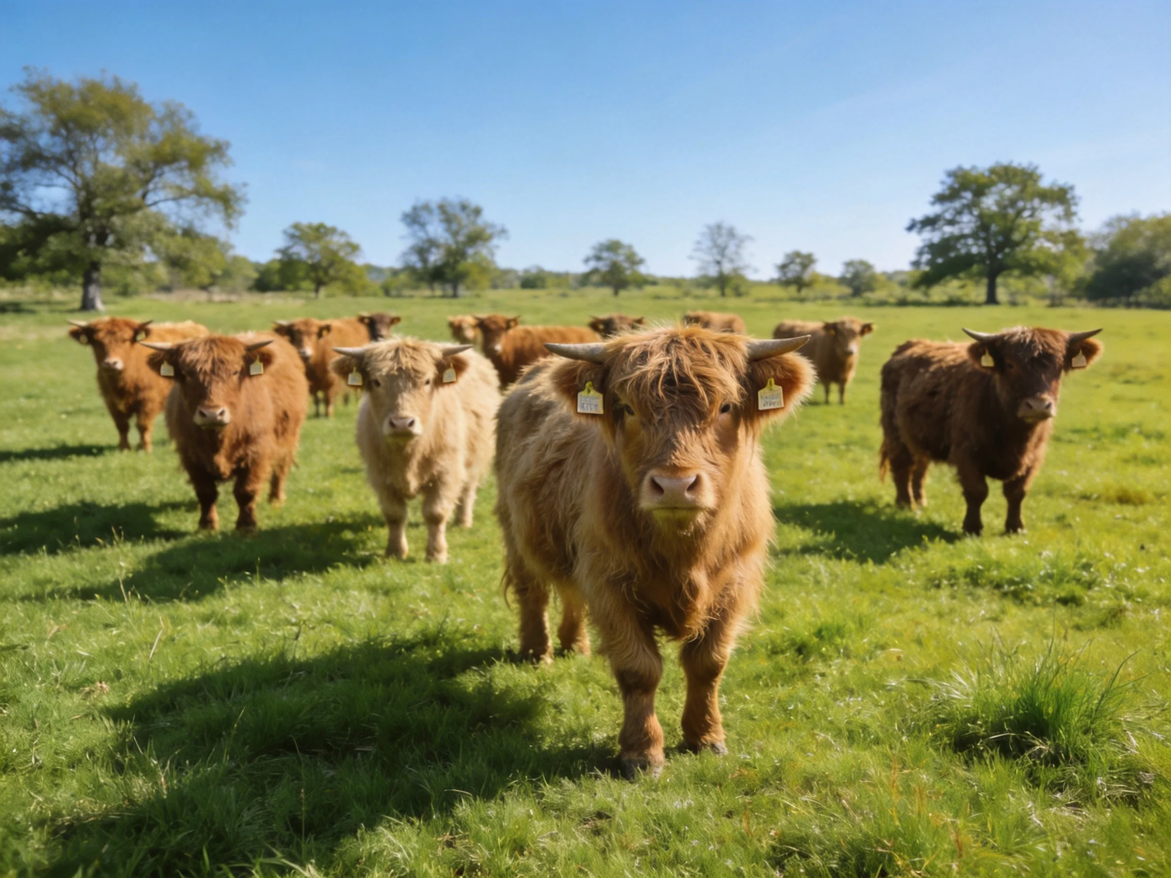 A group of brown and tan cattle grazing in a lush green meadow