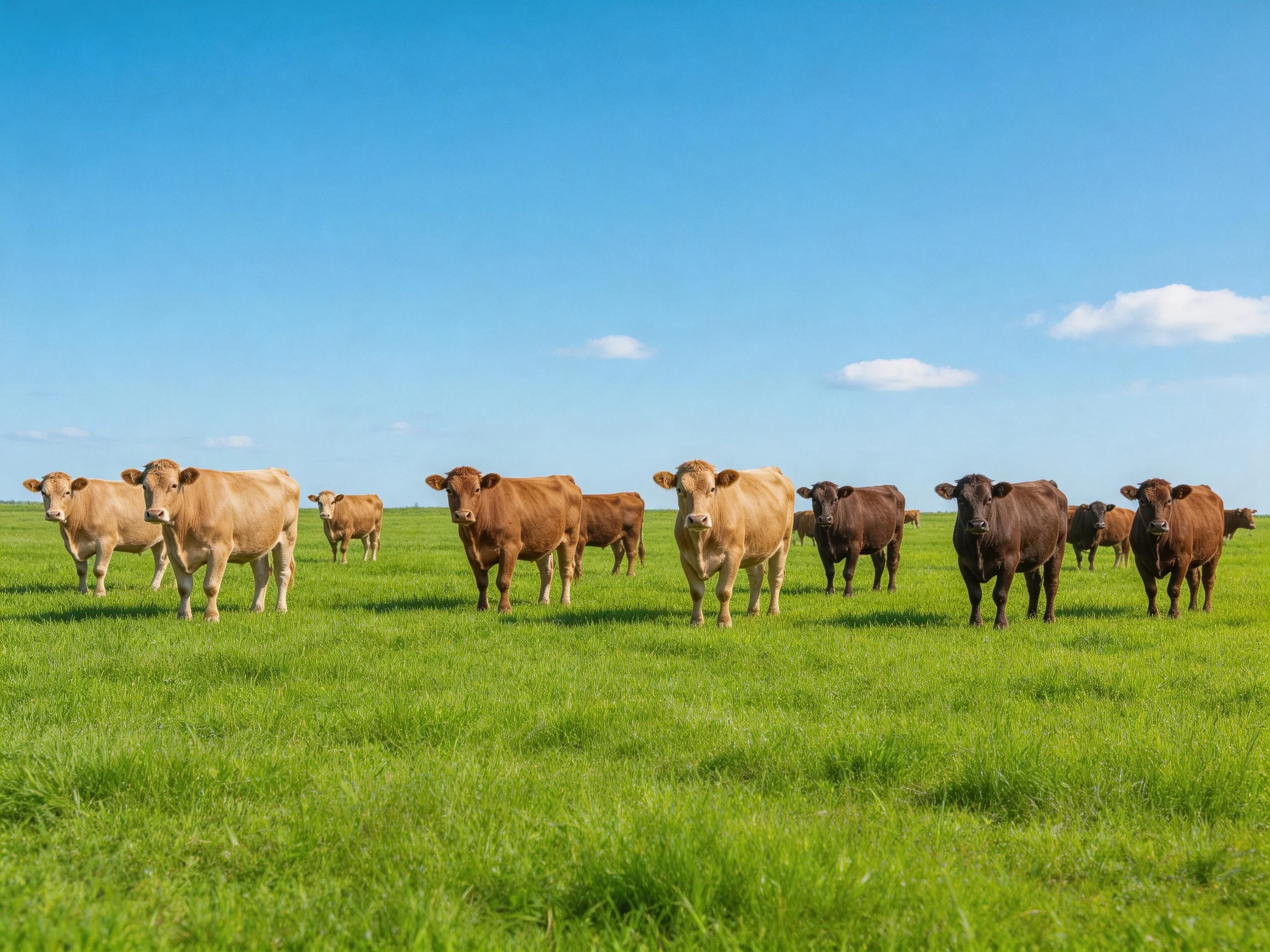 A group of brown and tan cattle grazing in a lush green pasture