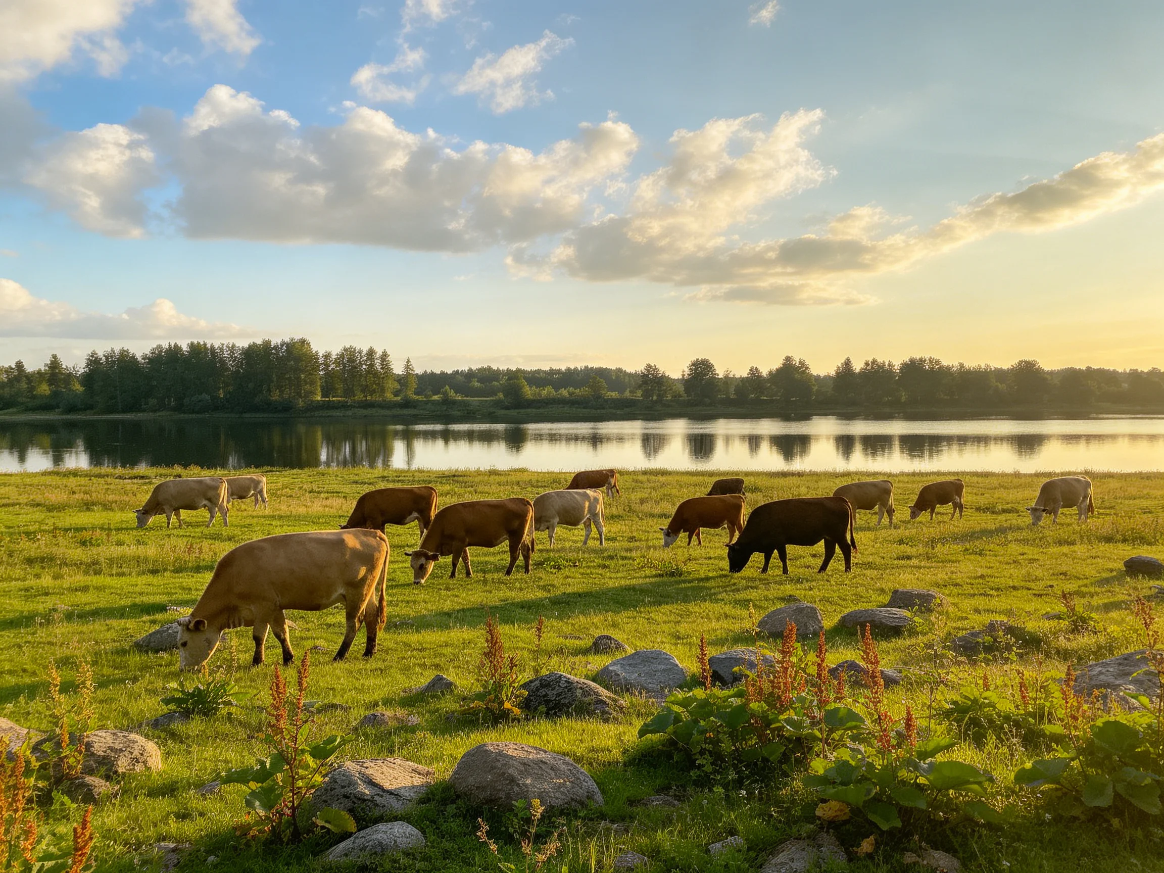A group of brown and tan cows graze in a green meadow by a calm lake under sunny skies