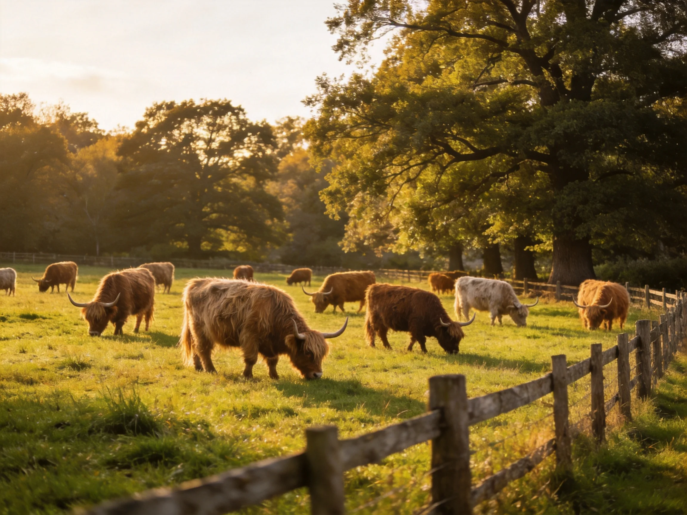 A group of brown and white Highland cattle graze in a sunlit fenced pasture