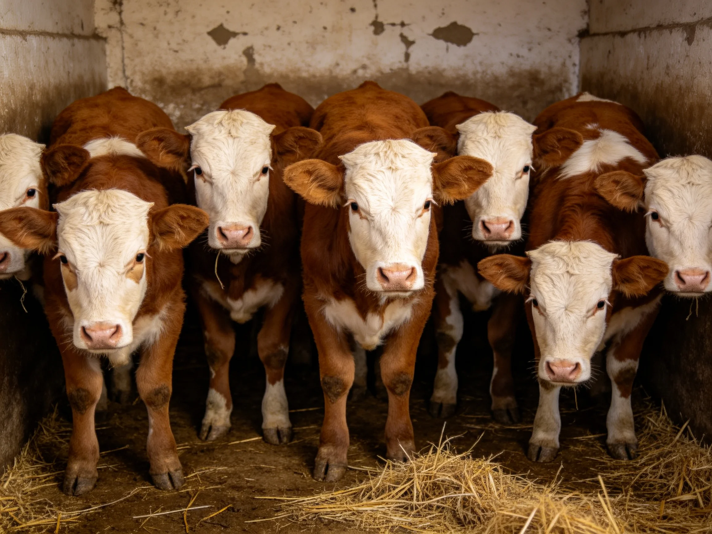A group of brown-and-white calves huddles in a weathered barn with straw bedding