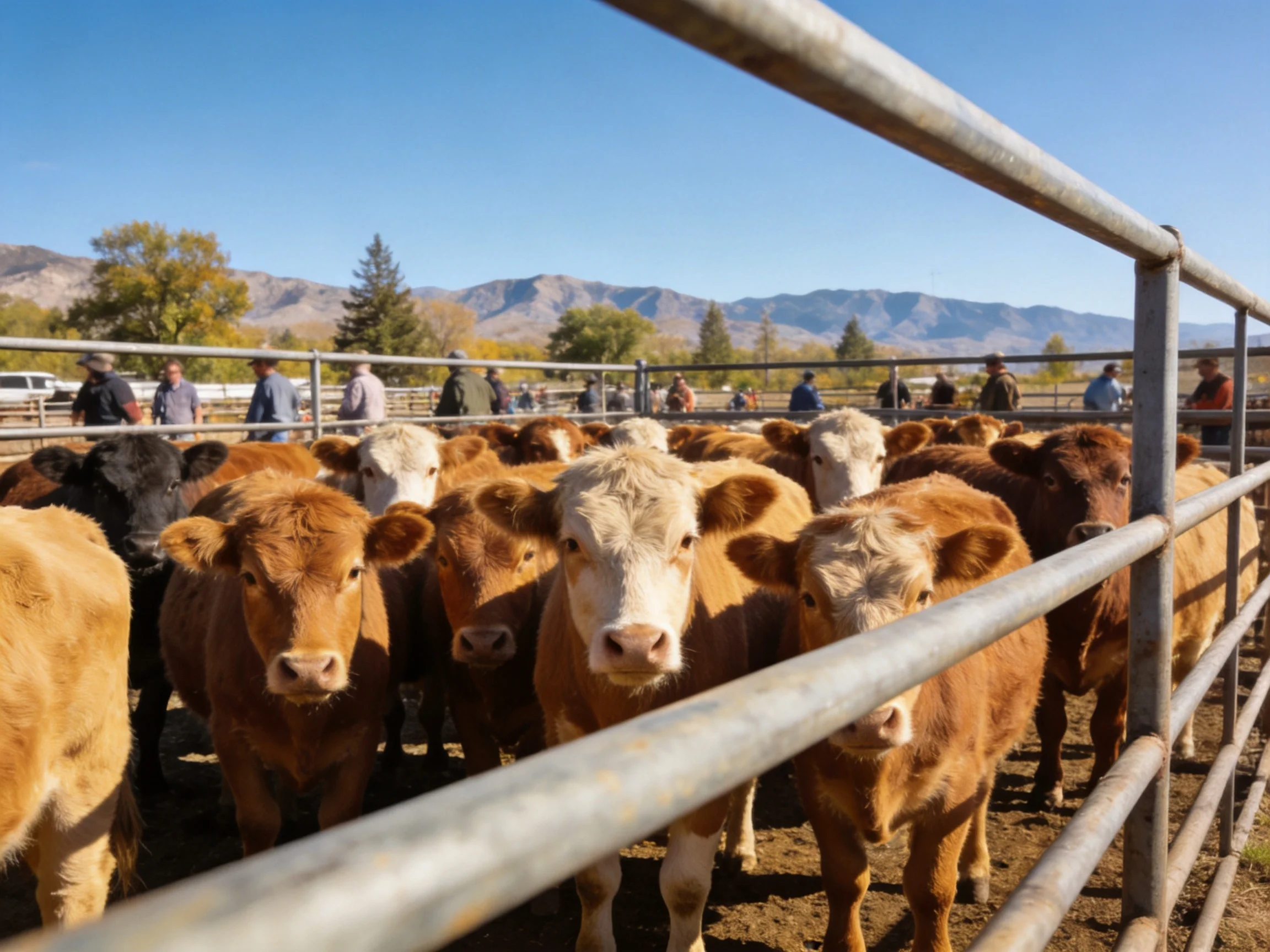 A group of brown and white cattle gathered behind metal fencing near mountains