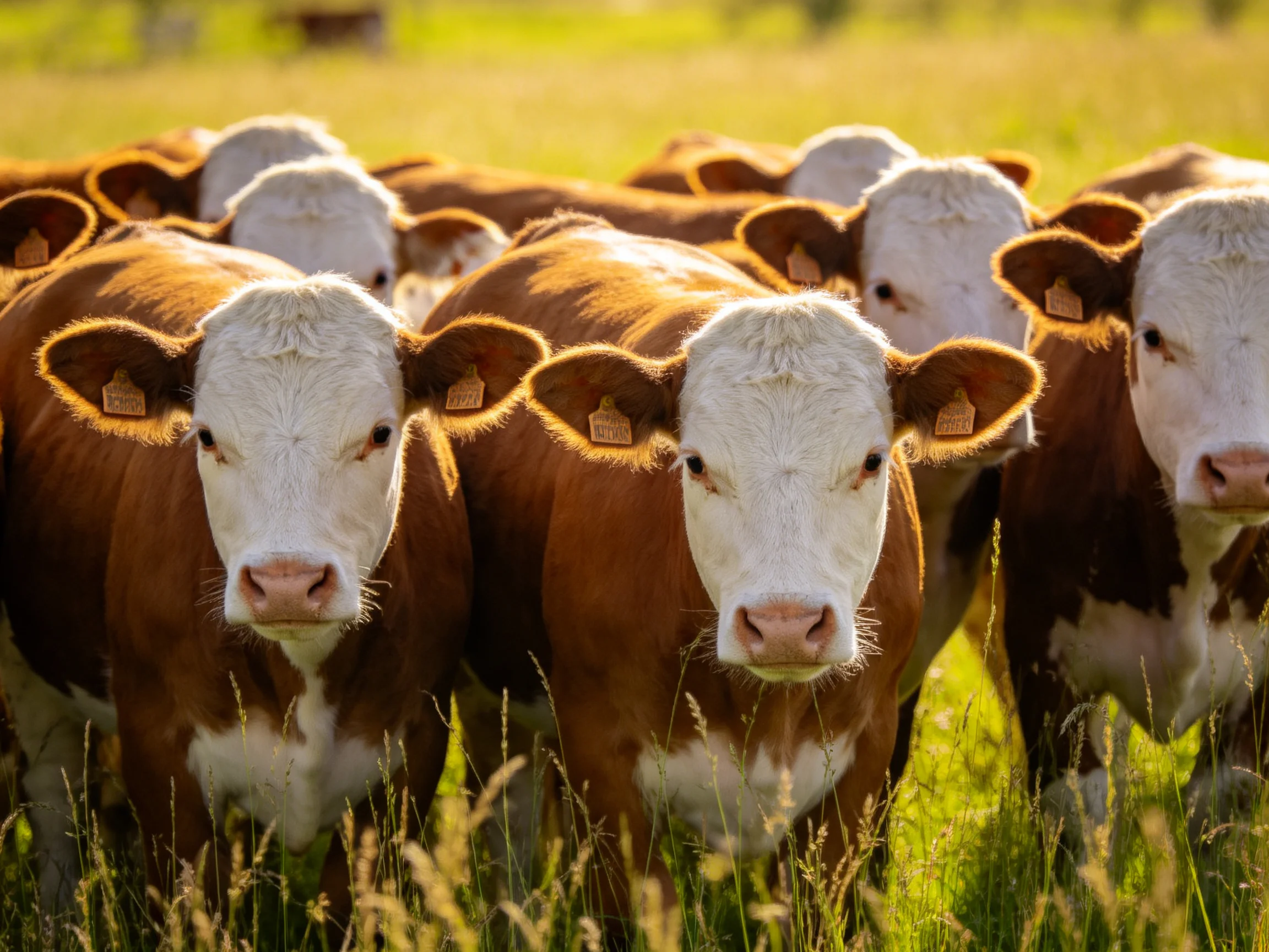 A group of brown and white cattle gathered in a sunlit meadow