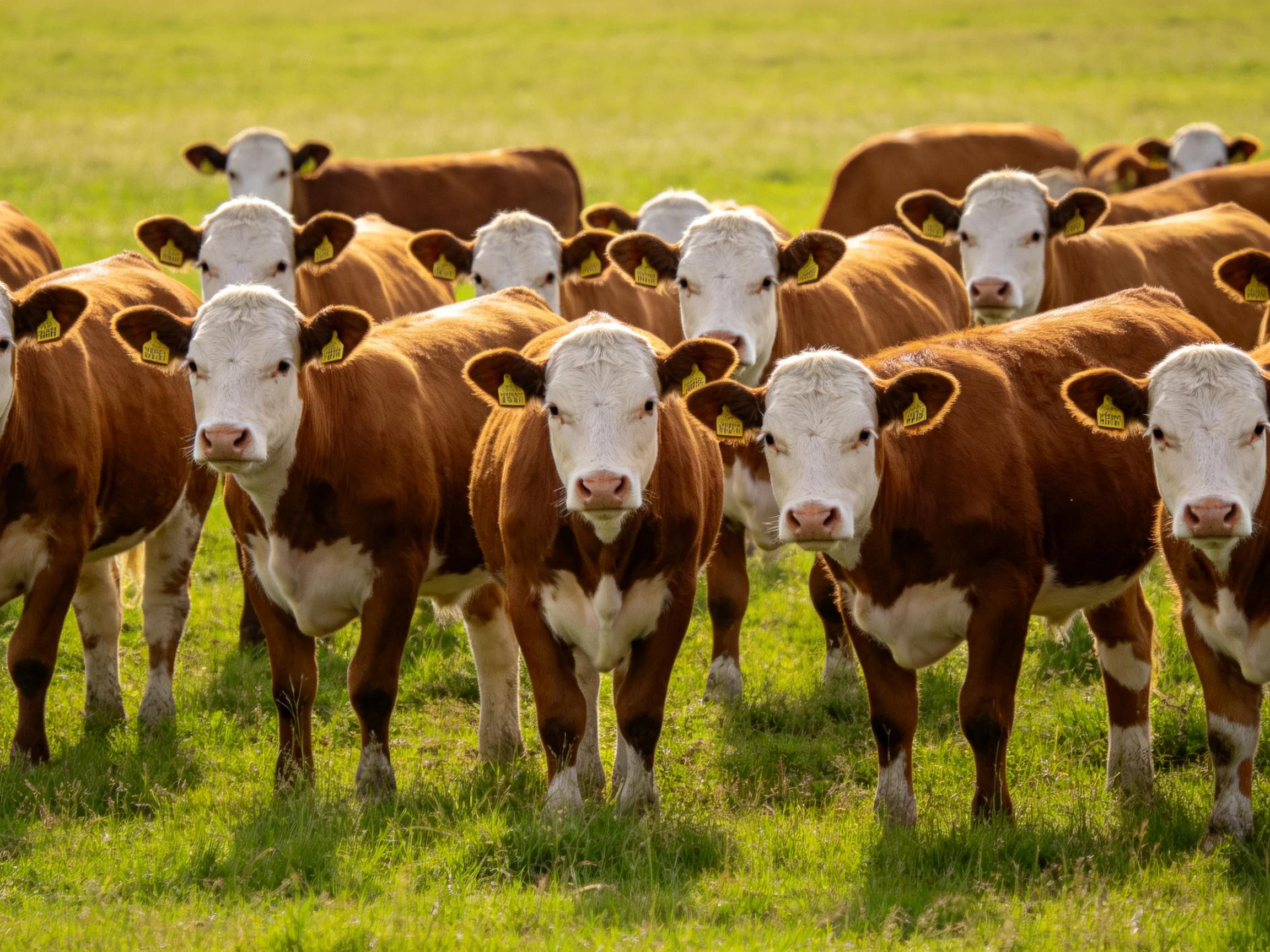A group of brown and white cattle gathers in a sunlit green pasture