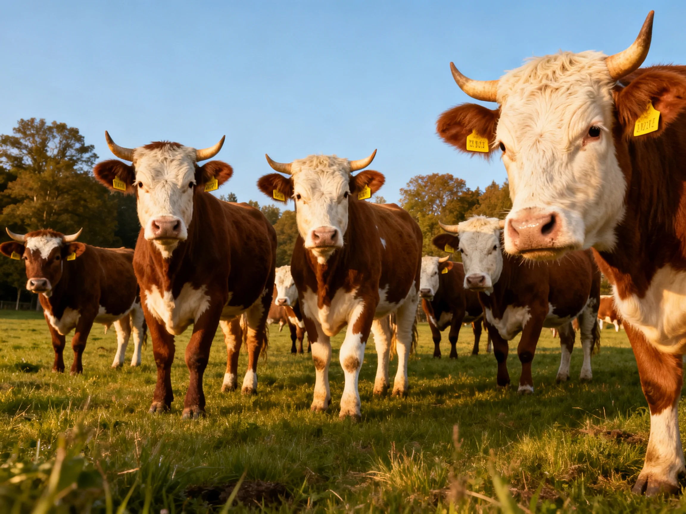 A group of brown and white cattle gathers in a sunlit pasture