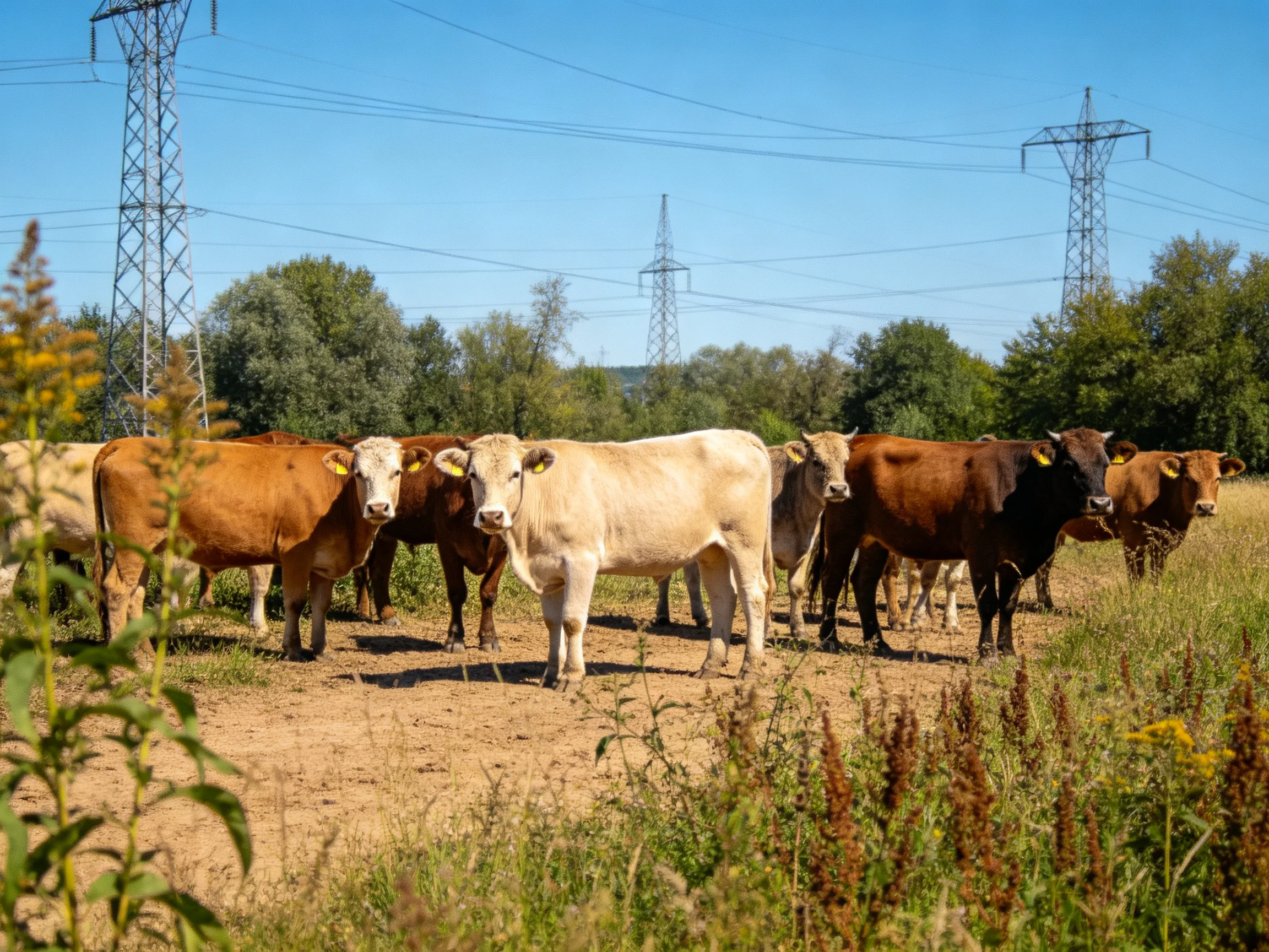 A group of brown and white cattle gathers near power towers in a sunny field