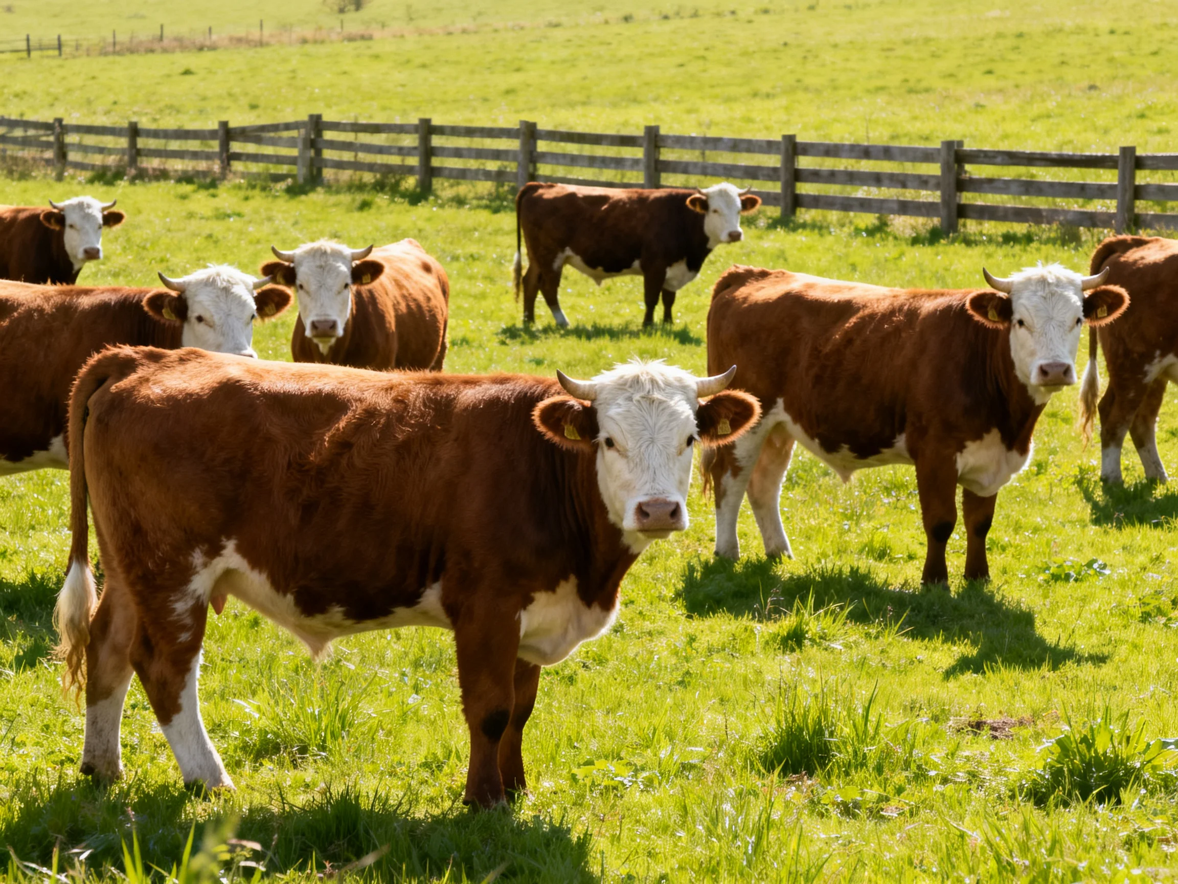 A group of brown-and-white cattle grazing in a sunlit green pasture