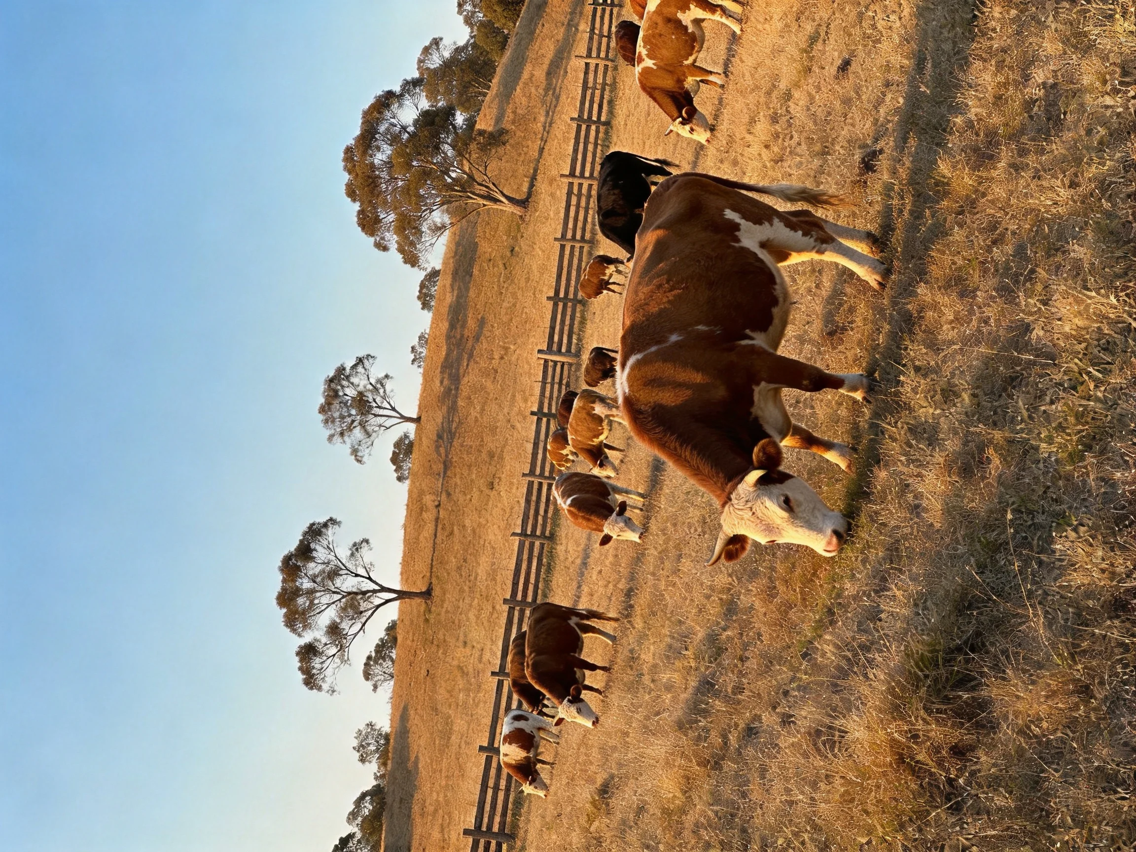 Cattle graze in a sunlit, dry pasture near a wooden fence.