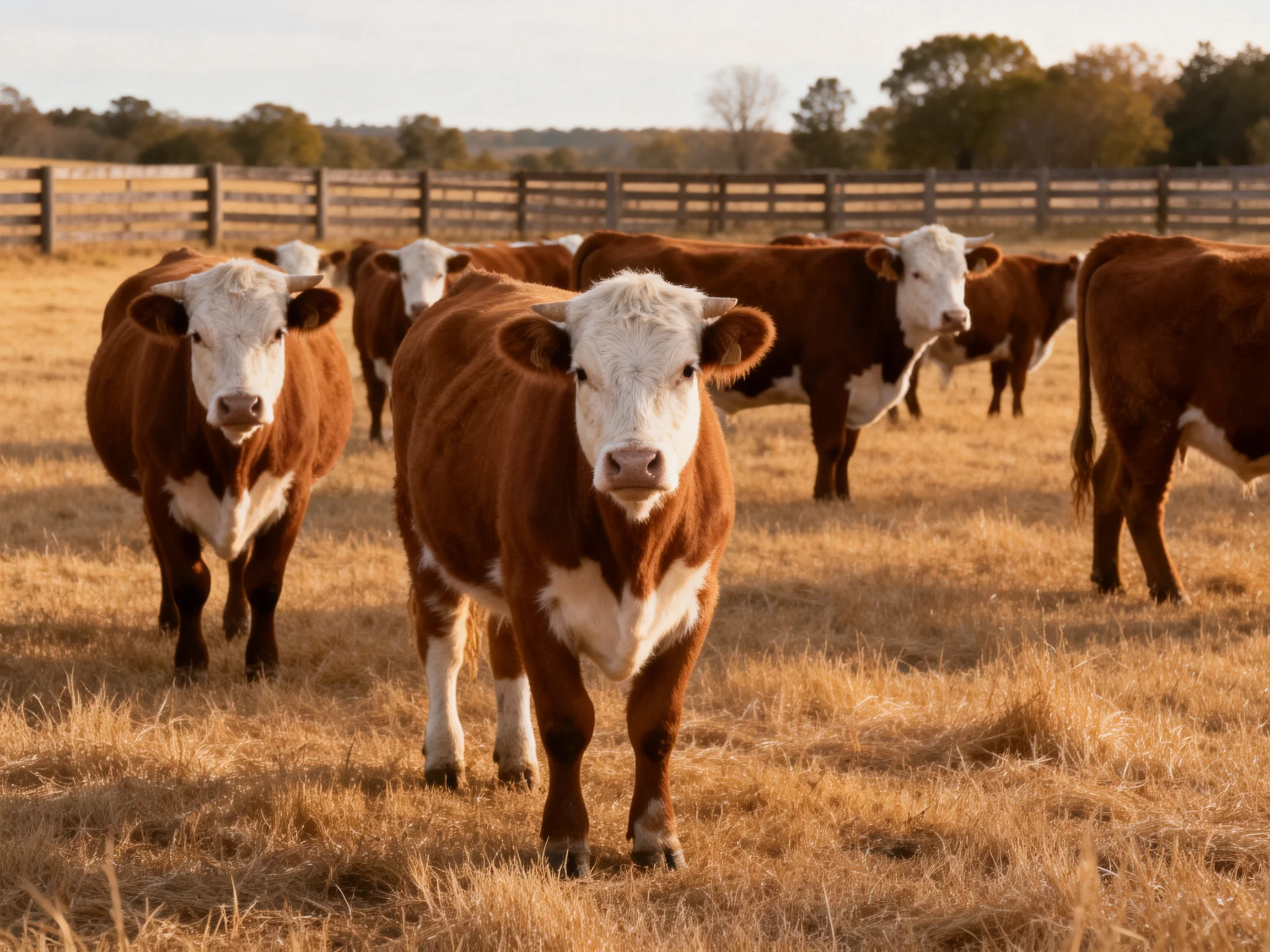 A group of brown and white cattle in a golden field with wooden fencing