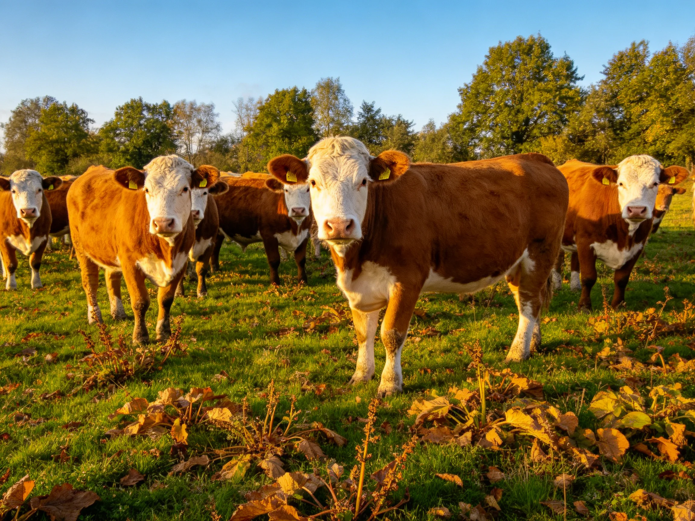 A group of brown-and-white cattle in a sunlit grassy field