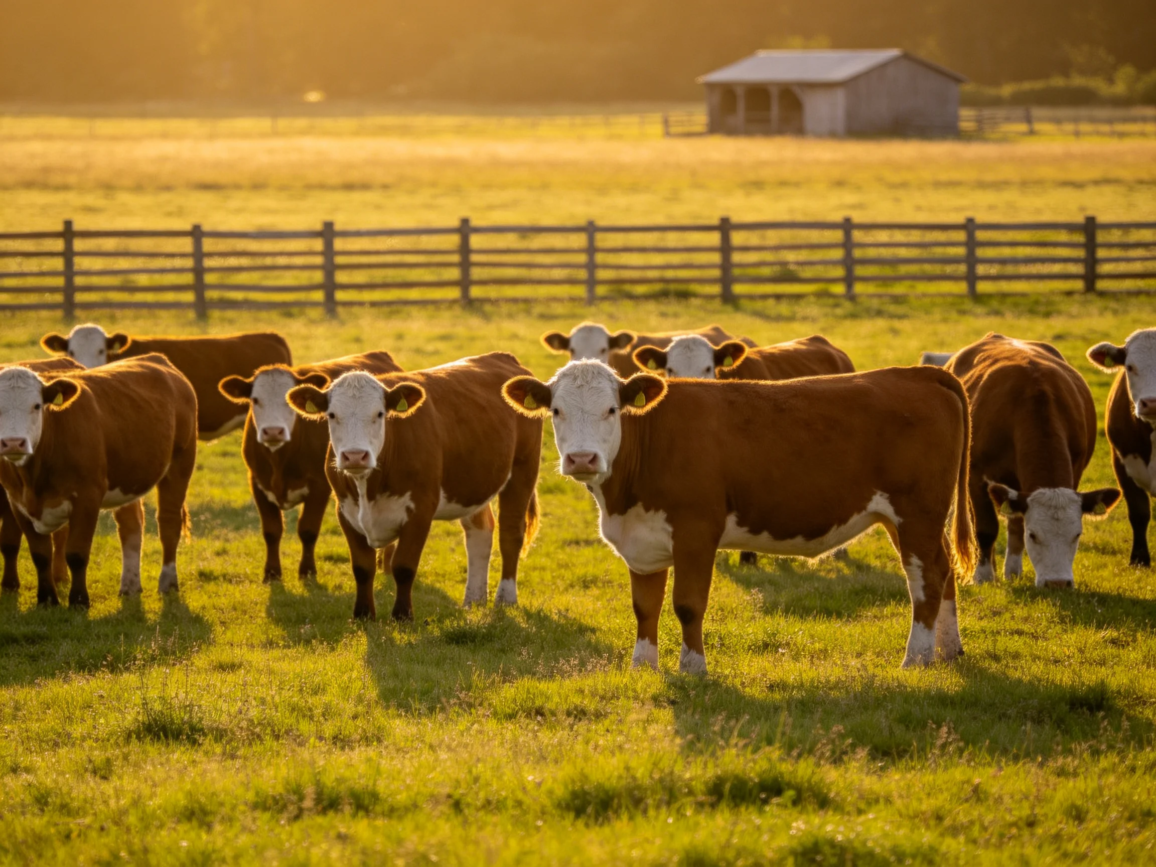 A group of brown and white cattle in a sunlit green pasture near a barn