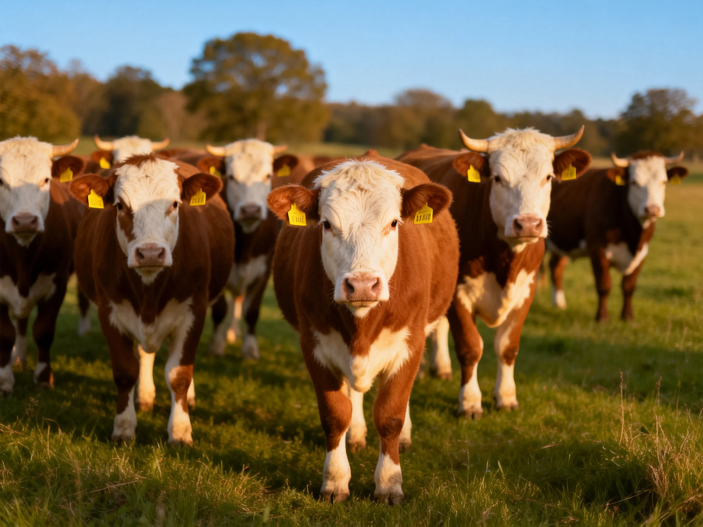 A group of brown and white cattle in a sunlit pasture