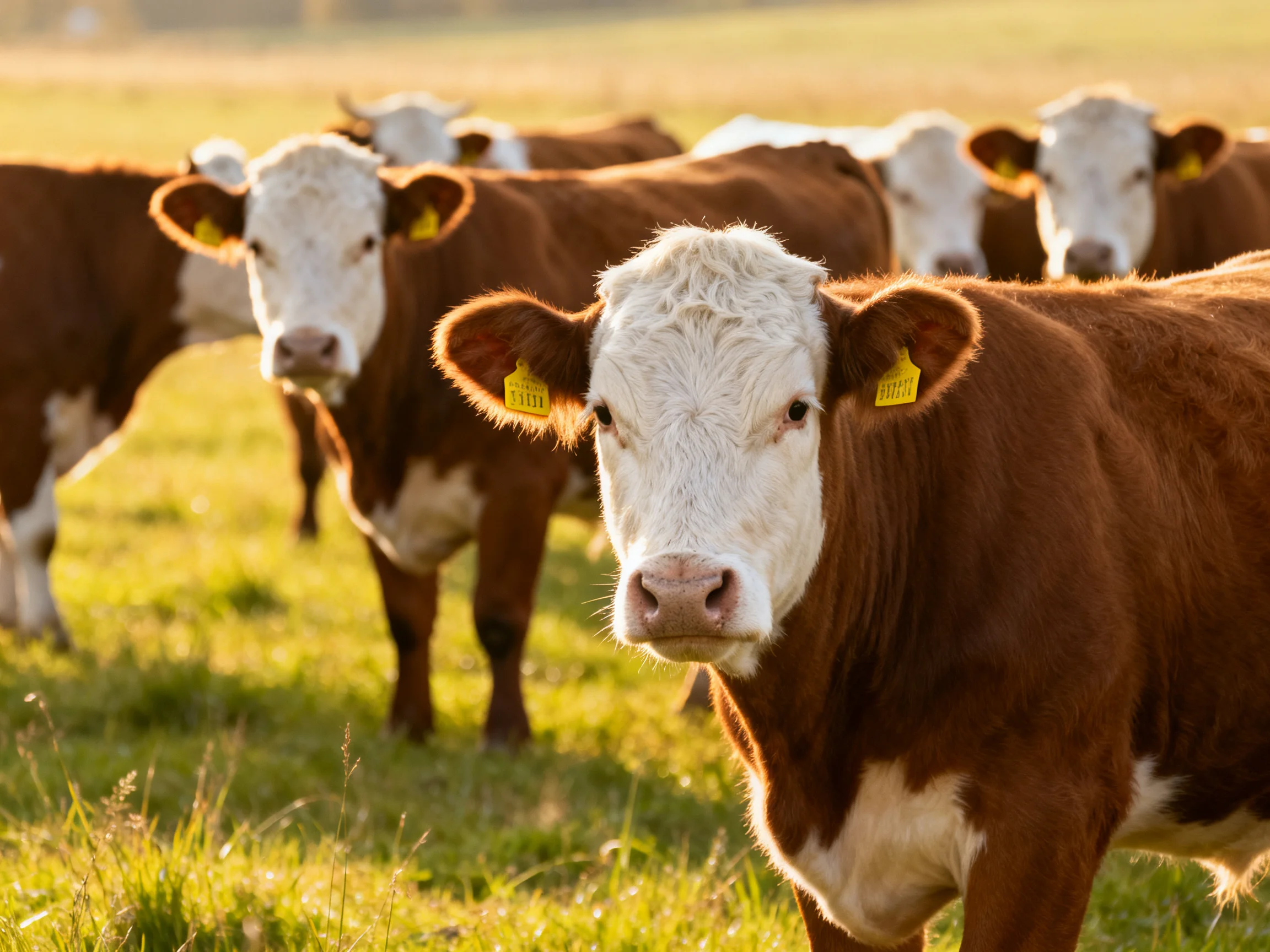 A group of brown and white cattle stands in a sunlit pasture