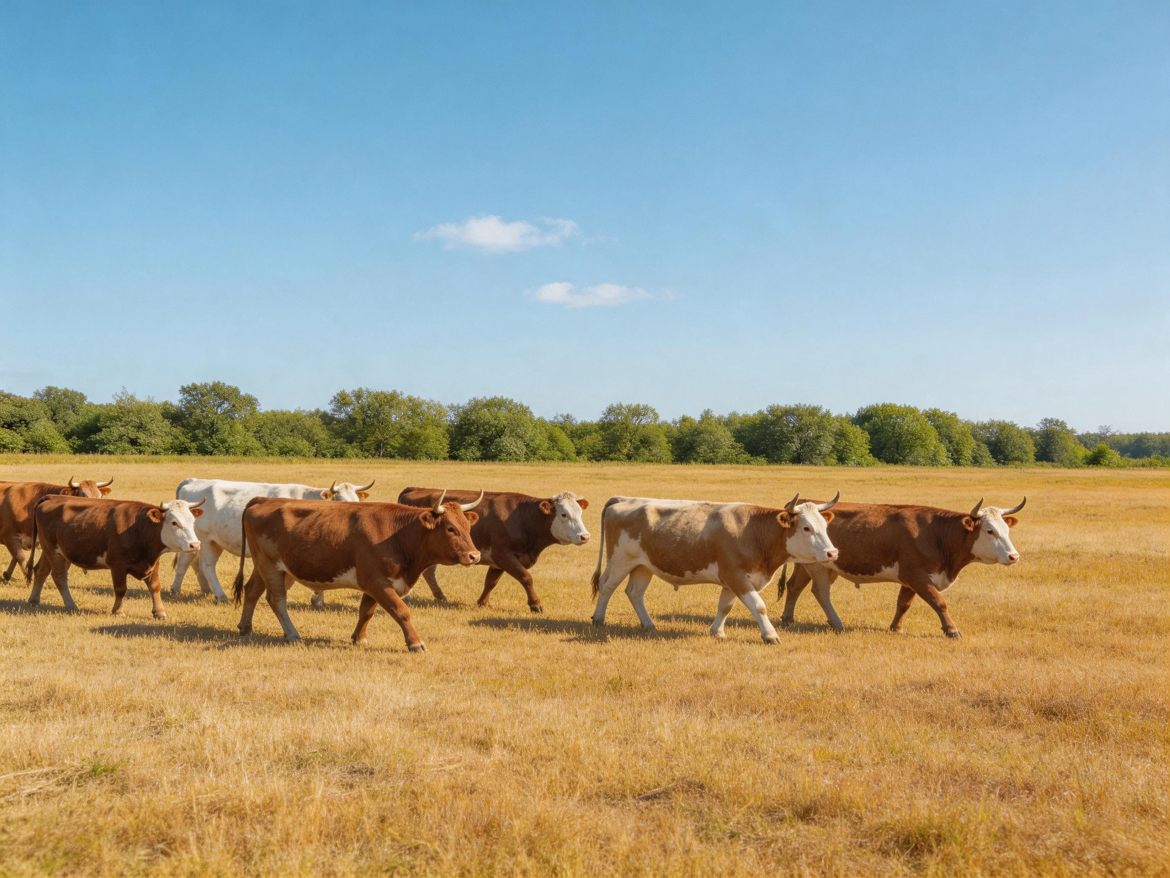 A group of brown and white cattle walks through a golden field