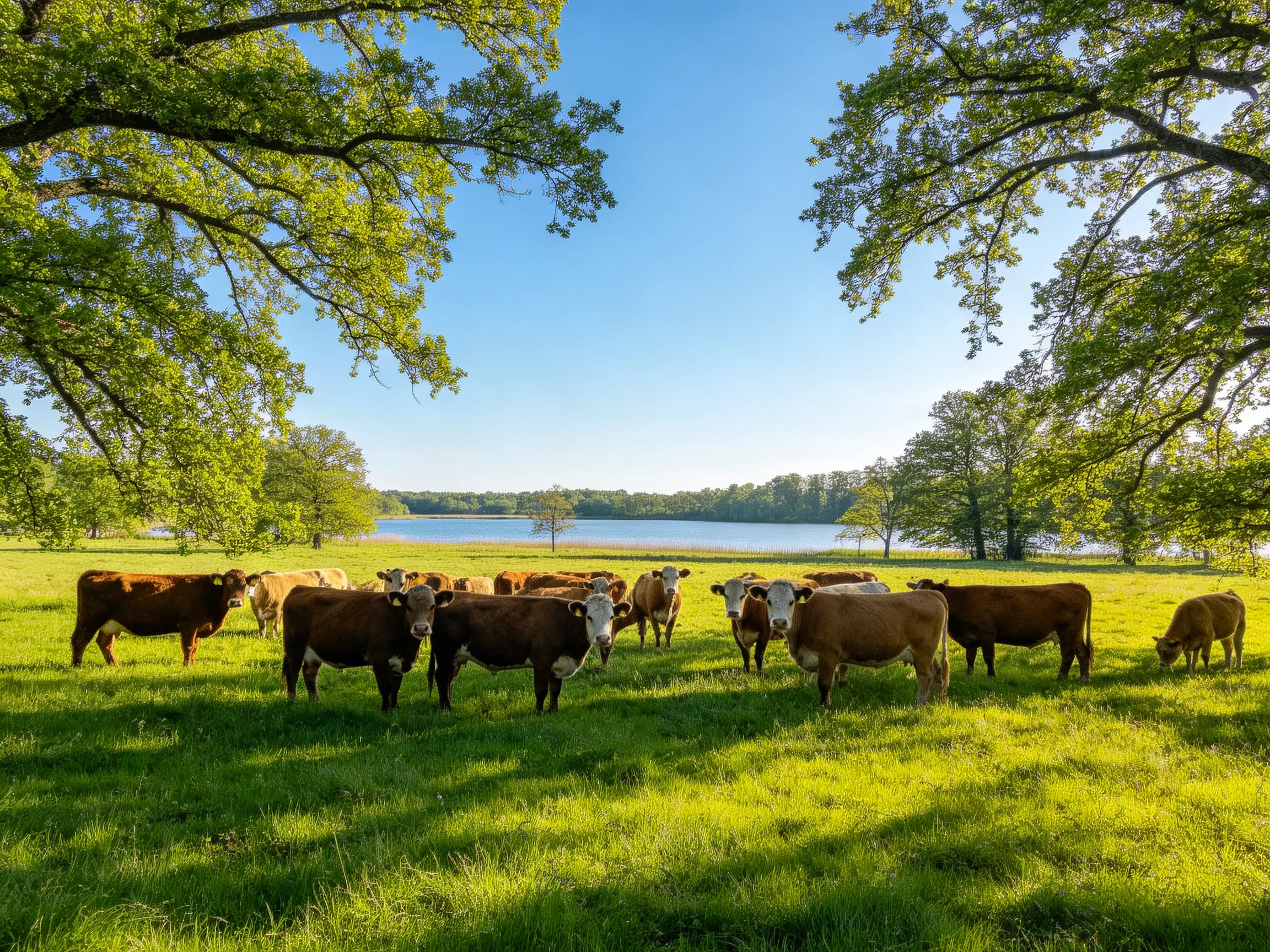 A group of brown and white cows graze in a lush green meadow near a calm lake
