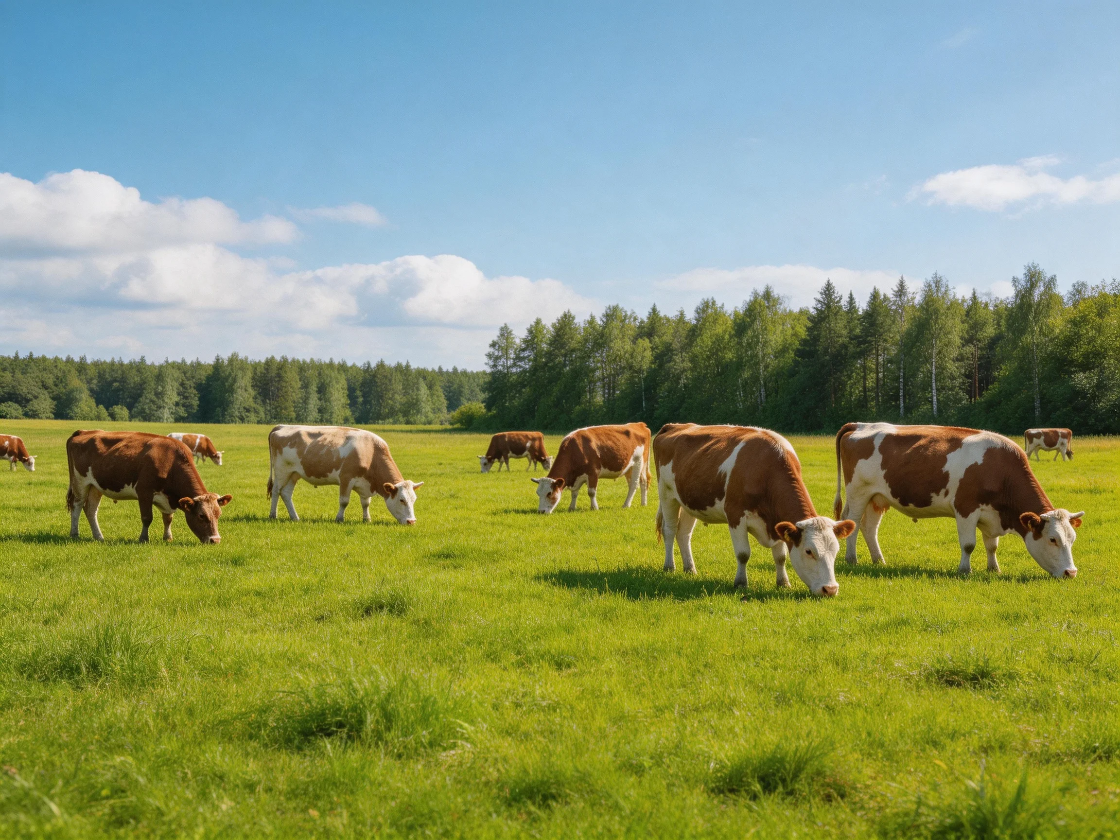 A group of brown-and-white cows graze in a lush green meadow near forest