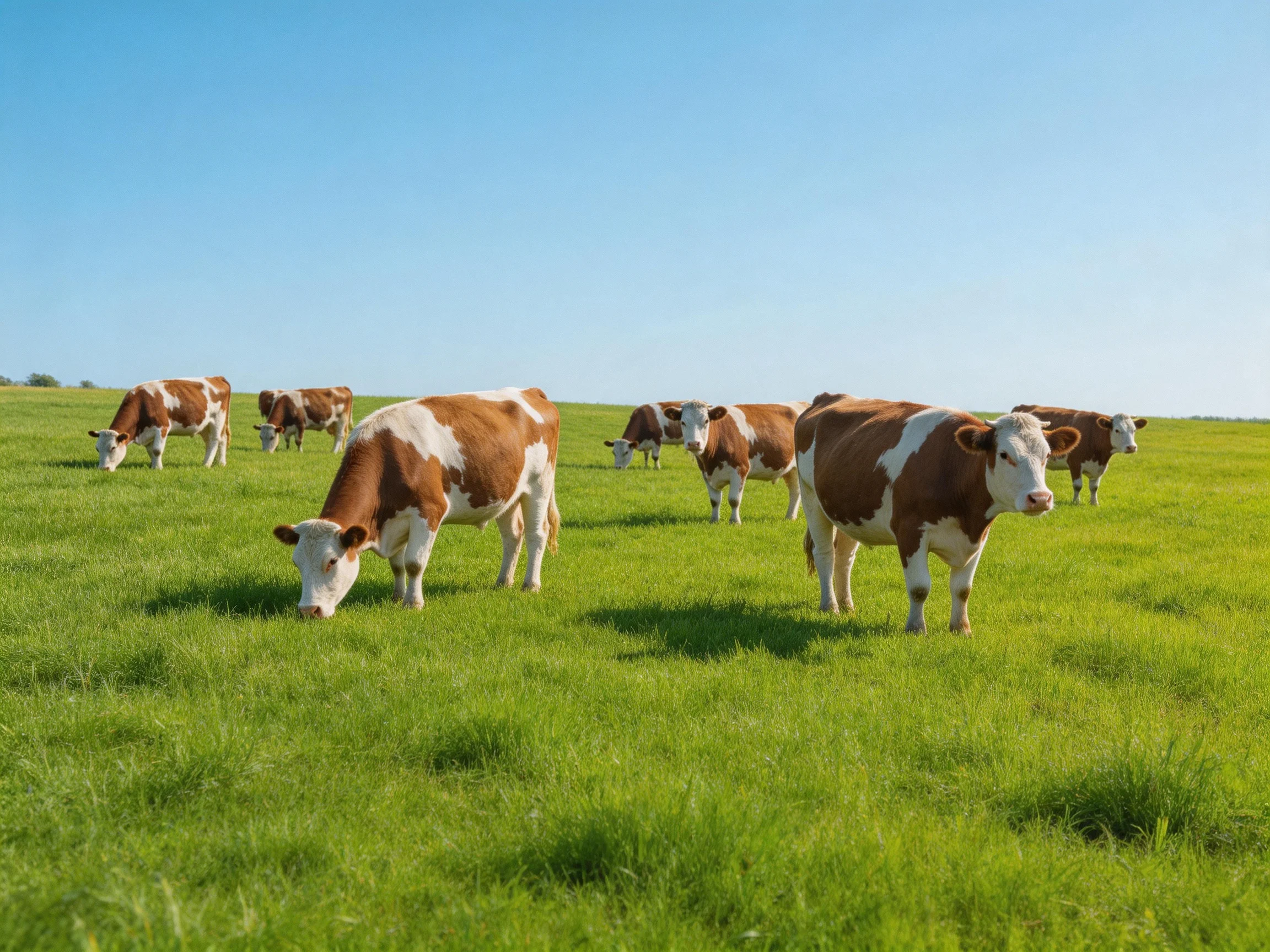 A group of brown-and-white cows graze in a lush green pasture under a clear blue sky