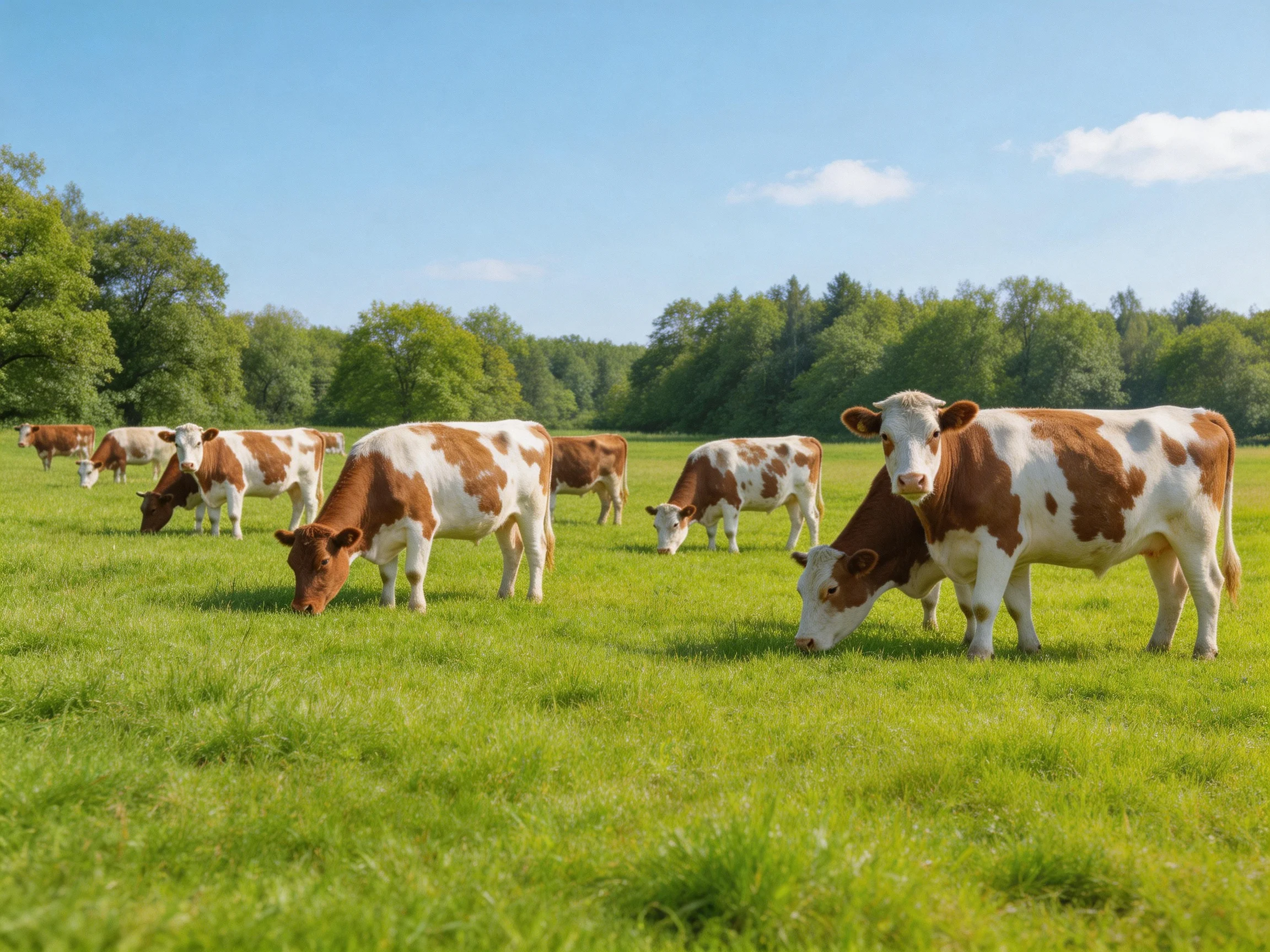 A group of brown-and-white cows graze in a sunlit pasture
