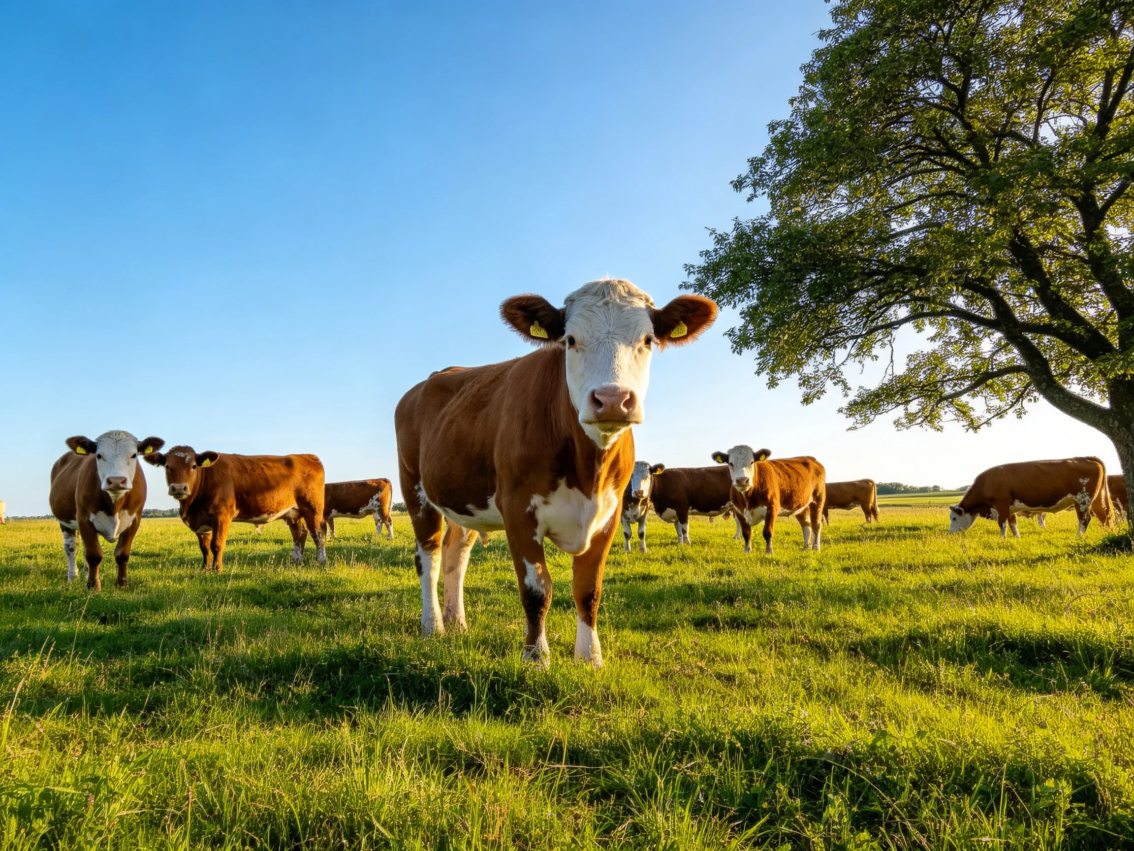 A group of brown and white cows graze in a sunny green pasture near a large tree