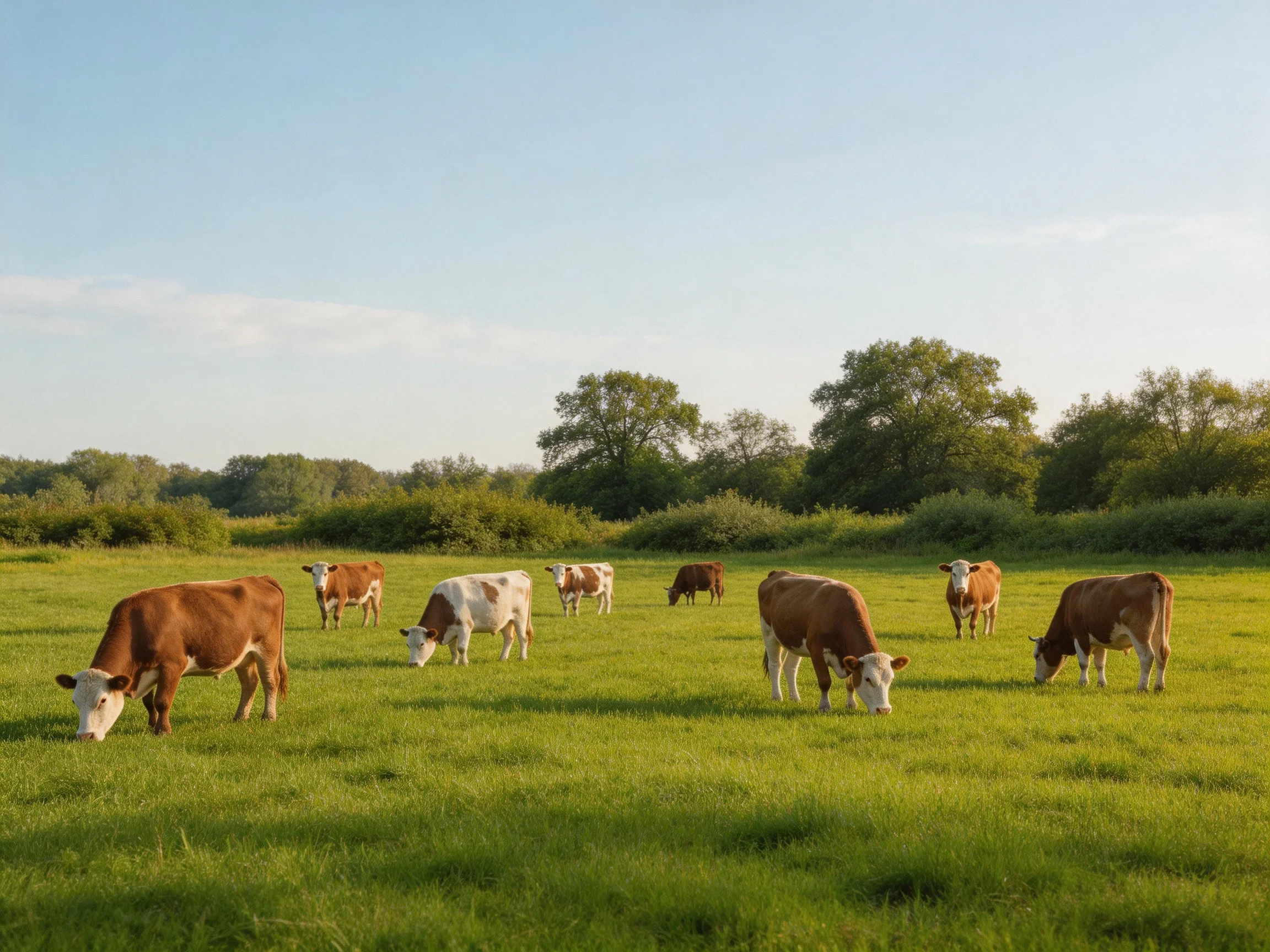 A group of brown and white cows graze in a verdant pasture with distant trees