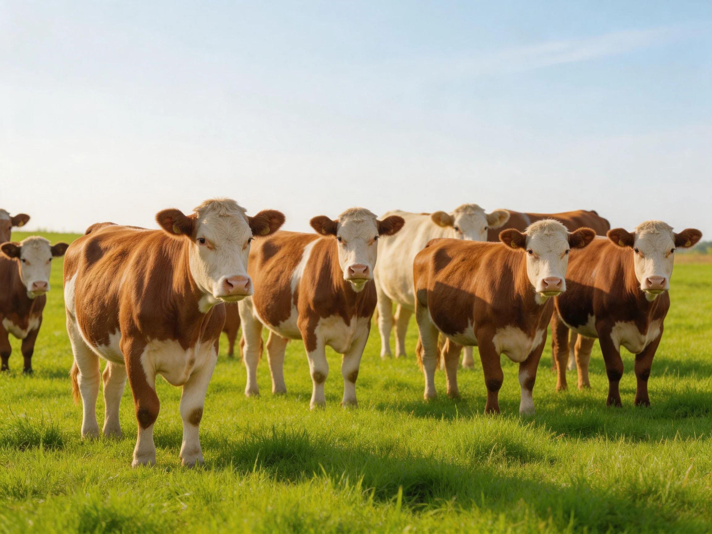 A group of brown and white cows grazing in a lush green pasture